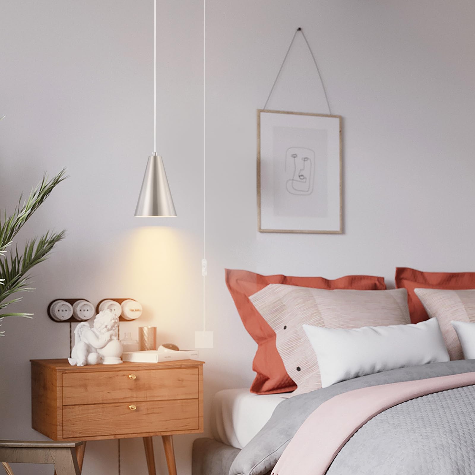 Dijiahua Brushed Nickel Plug In Pendant Light, Modern Mini Chandelier For Kitchen & Bedroom