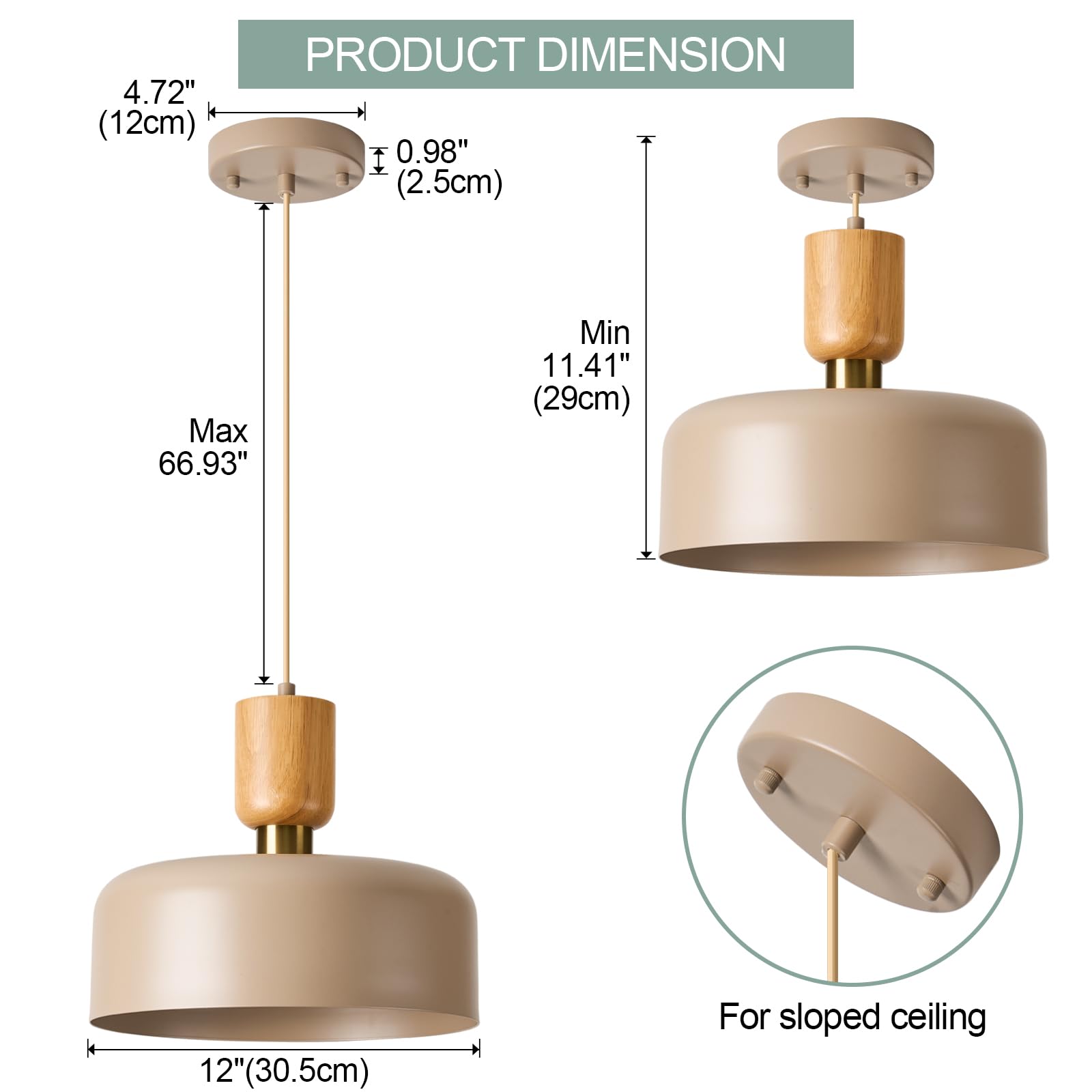 Tehenoo Contemporary Pendant Lights With Wood Cap, Brass Accent, 12 Inch Light Brown Metal Shade,For Kitchen, Dining Room, Cafe