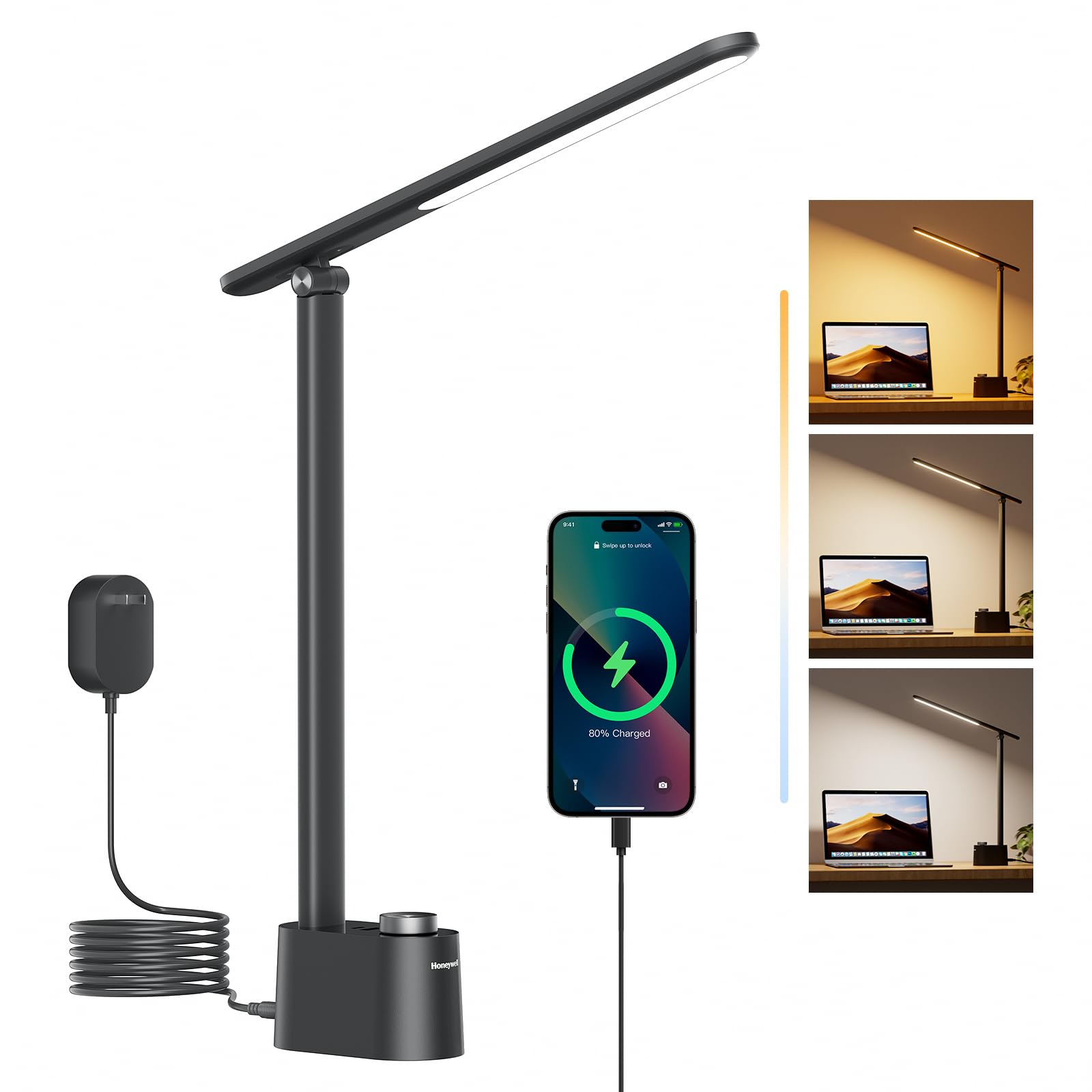 Honeywell LED Desk Lamp - Sunturalux Desk Lamps for Home Office with USB A+C Charging Ports, Stepless Dimmable Eye-Caring Foldab