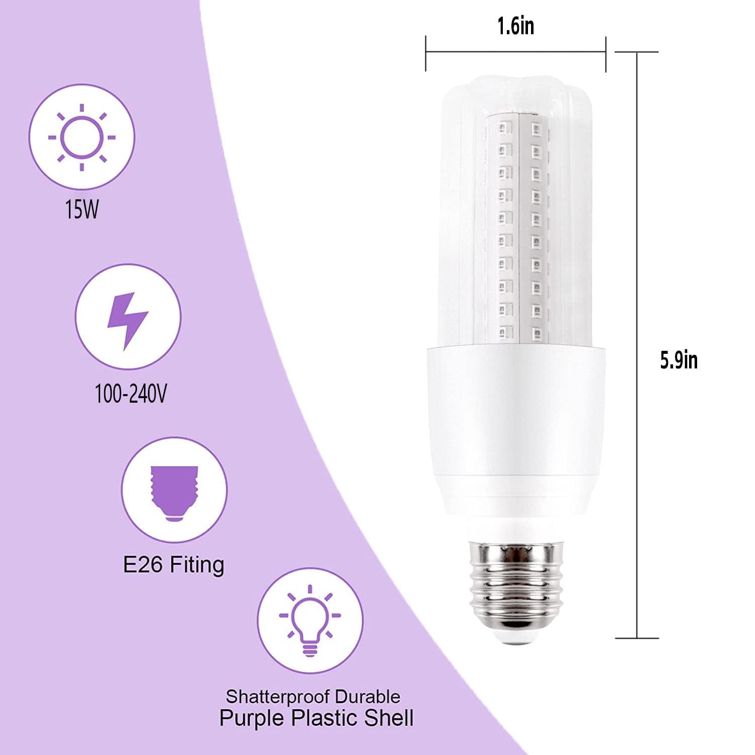 GOHDLAMP LED Black Light Bulb 15W UVA 395-400nm, Plastic, Black Light, 2 Pack