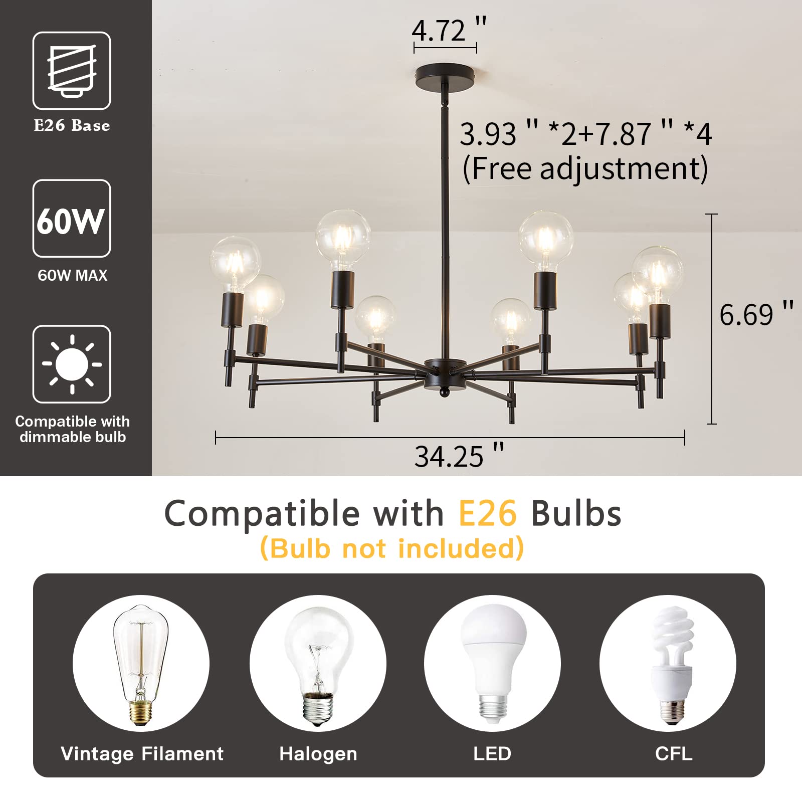 ASGYISA 8-Light Black Sputnik Chandelier, Industrial Flush Mount Ceiling Light, 34inch, Modern Design for Home, Kitchen, Dining Room