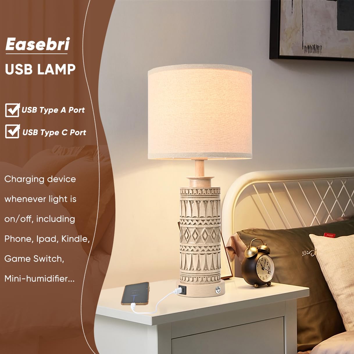 23In Table Lamps For Living Room Set Of 2 End Table Lamps Touch Control Table Lamp Dimmable Bedside Lamps Usb A+C Ports Farmhous