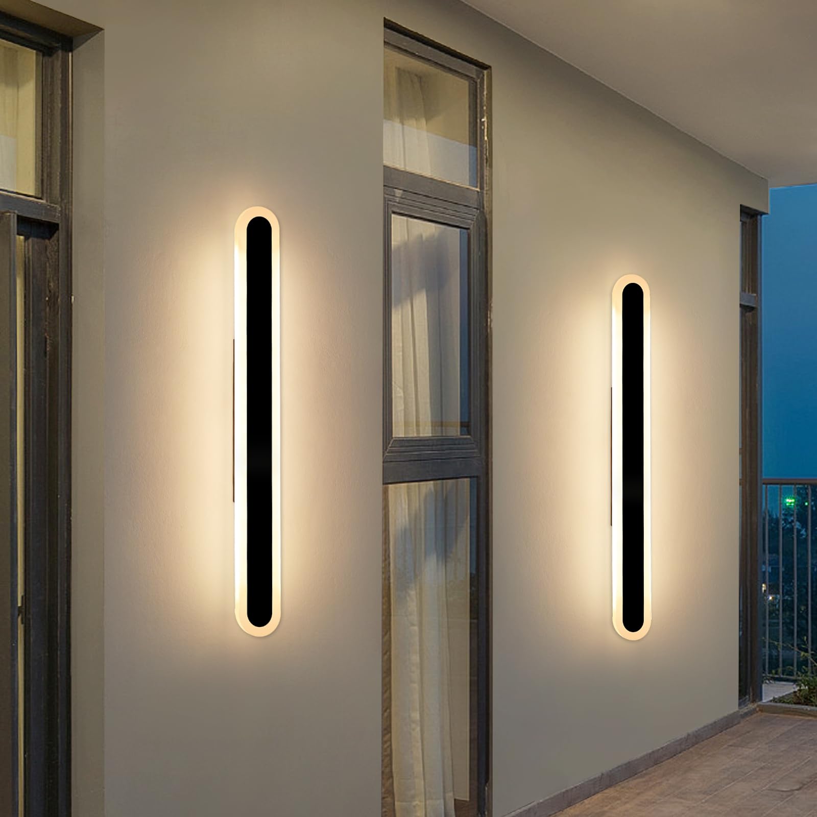 Daoseolo 2 Pack 39.3inch Long Outdoor Led Wall Lights  IP65 Waterproof Black Outside Porch Sconces  3 CCT 3000K/4500K/6000K  36W  Oval Modern Exterior Wall Lighting for Garage  Patio  House  Garden