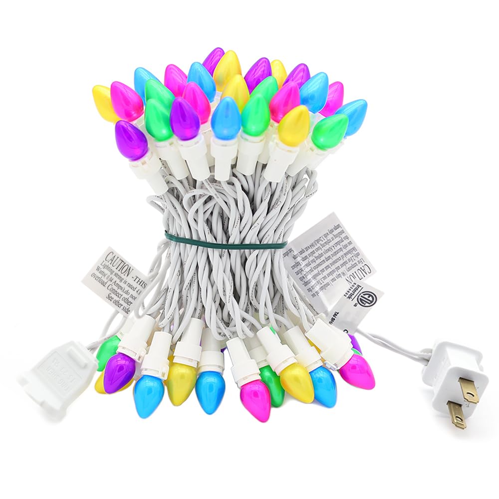 ESOLTON Easter String Lights LED Multi Color Glass C3 Lights 50 Count Easter Pastel Light 120V UL Certified Connectable Outdoor String Light White Wire for Party Patio Home