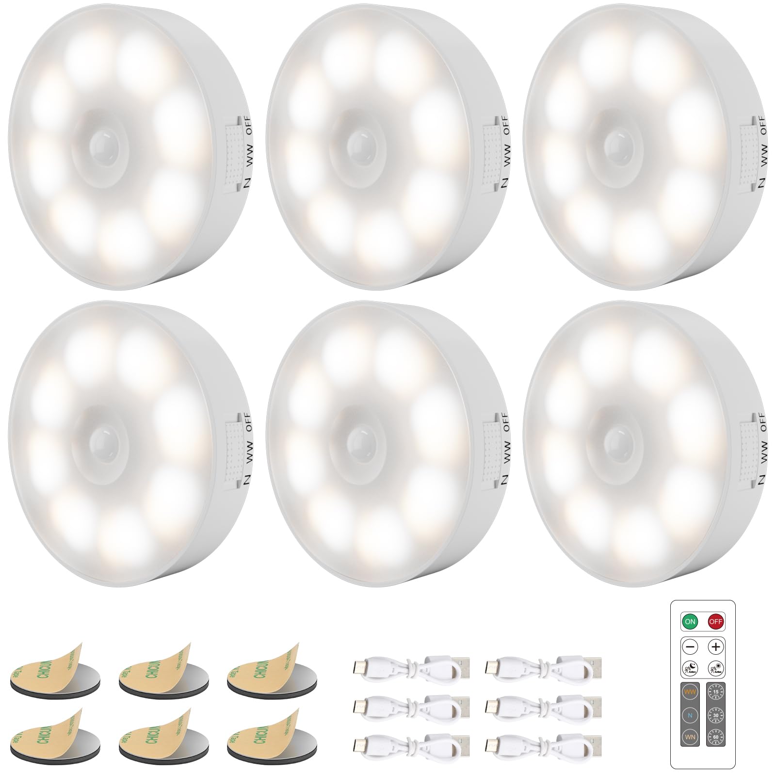 6 Pack Under Cabinet Lights [with Remote], 16 LEDs Wireless Motion Sensor Light Puck Light, 3 Color Temps Dimmable 3000-6000K, R