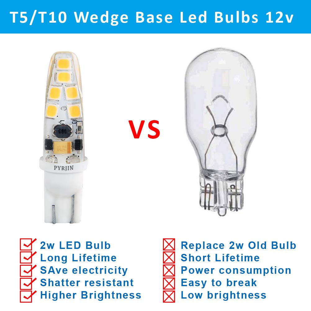 Pyjr T10 Wedge Base Led Bulbs 12V, 2W 3000K Warm White, 200Lm -