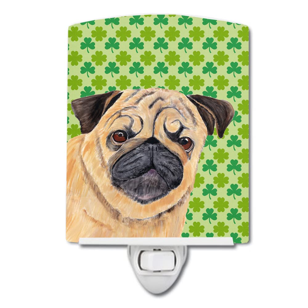 Caroline'S Treasures Sc9291Cnl Pug St. Patrick'S Day Shamrock Portrait Ceramic Night Light Compact, Ul-Certified, Ideal For Bedroom, Bathroom, Nursery, Hallway, Kitchen, 6X4X3, Multicolor