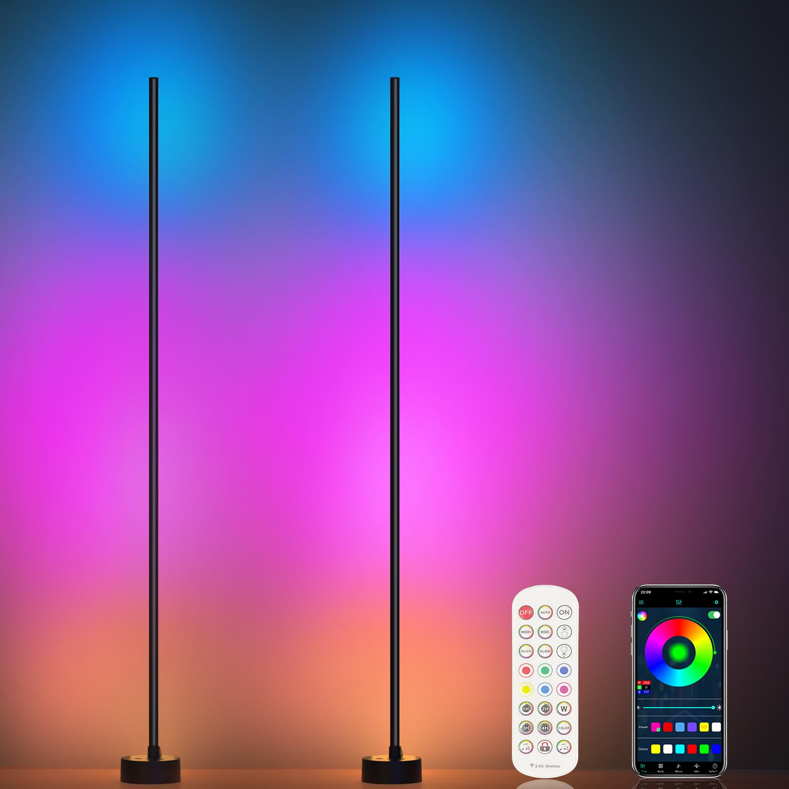 Miortior Corner Floor Lamp, 2 Pack LED Corner Lamp with App/Remote/Button Control, Smart RGB Floor Lamp with 16 Million DIY Colo