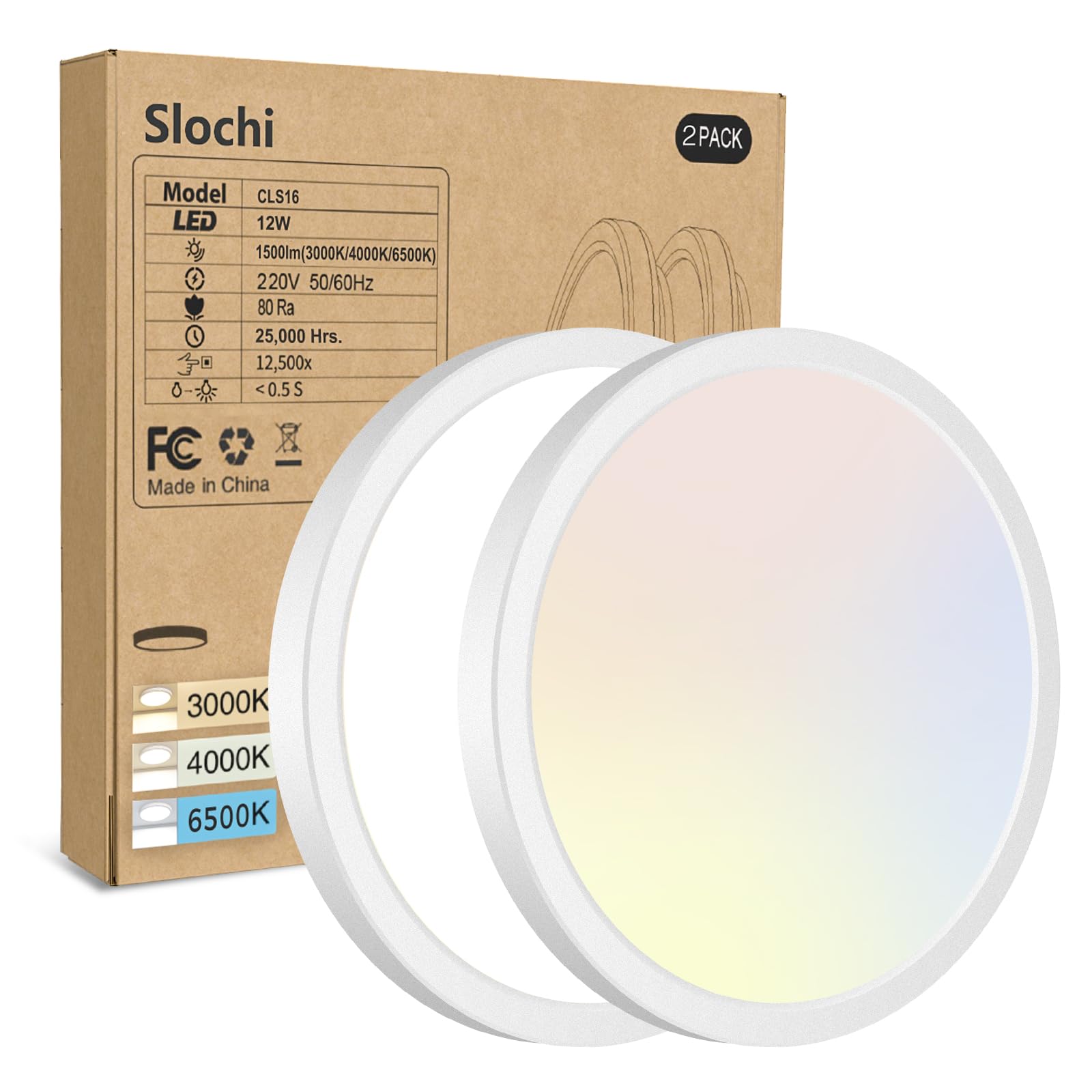 2Pack Led Flush Mount Ceiling Light, Dimmable & 100W Equivalent Super Slim Led Ceiling Light, 3000K-6500K Selectable, 12W 1500Lm