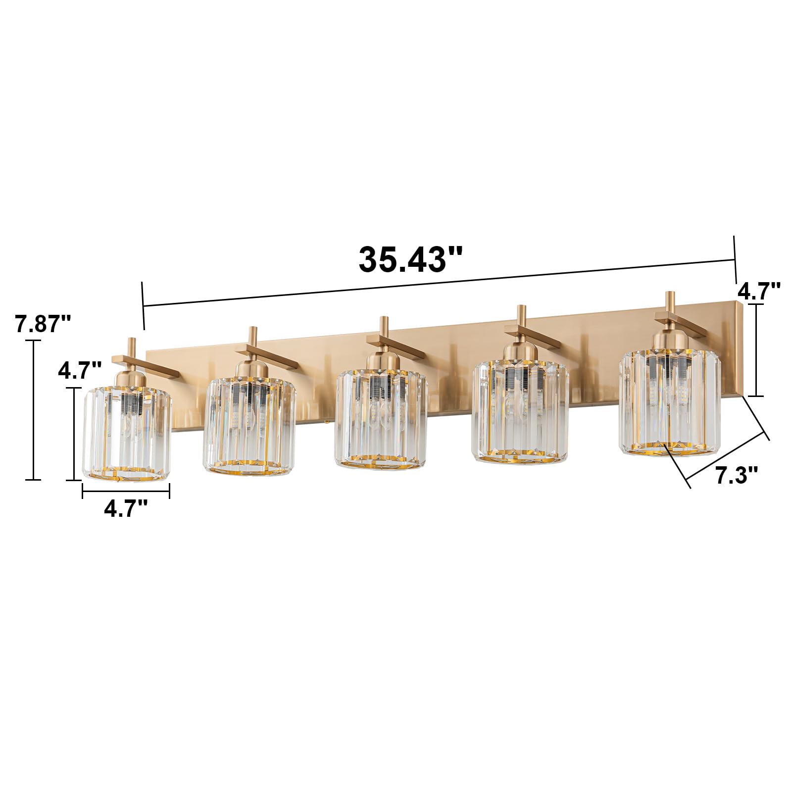 HUOKU 5-Light Modern Crystal Bathroom Vanity Lights, Gold Polished Brass Finish, Metal and Crystal, Over Mirror Lighting