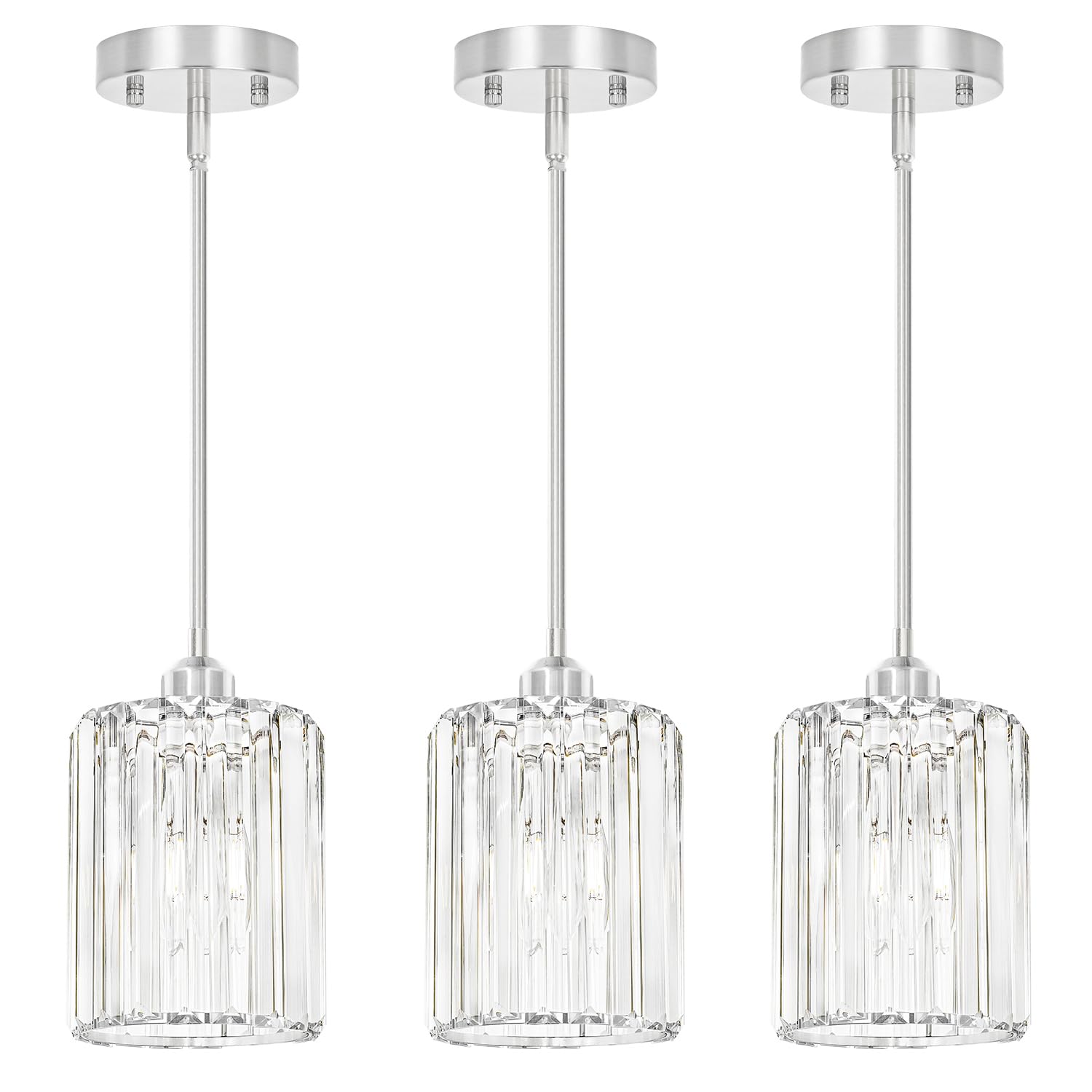 Lxybcce Chrome Kitchen Pendant Lights Over Island With Adjustable Rods - Crystal Pendant Lighting Fixtures 3 Pack  Ideal Over Dining Table Or Bar  E26 Bulb Compatible  No Electrician Needed