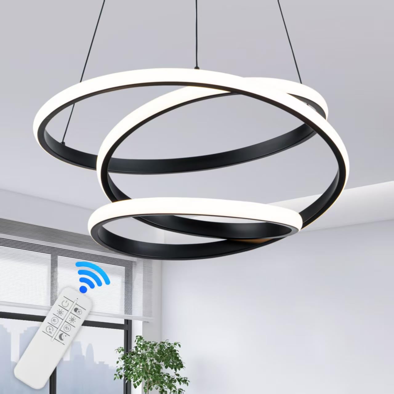 Mayful Modern Chandelier With Remote Control  3-Color Dimmable Led Pendant Light Fixtures  Height Adjustable Kitchen Island Lighting For Dining Room Bedroom Living Room Foyer Office Black 19.7 Inches