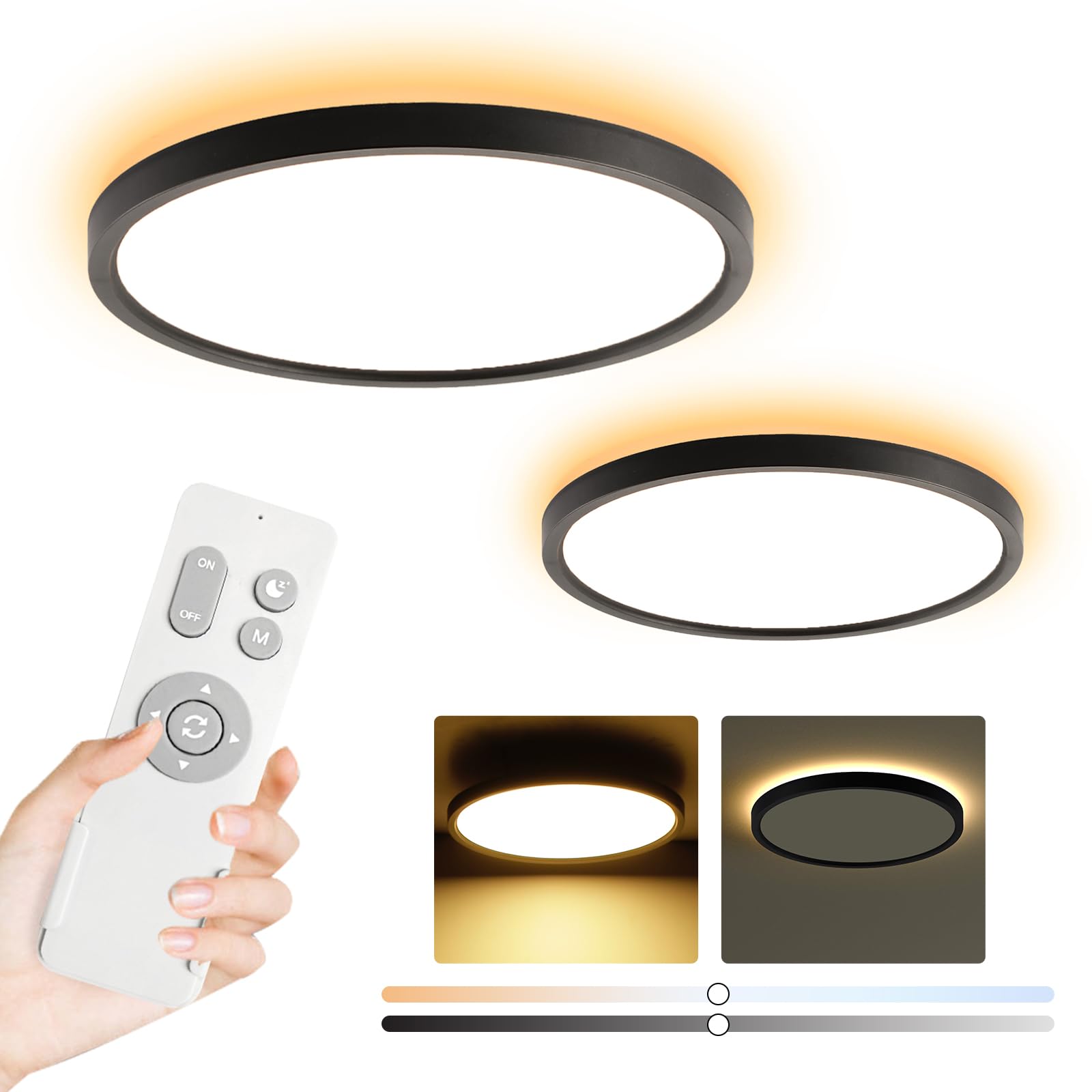 Black Ceiling Light Fixture 2 Pack with Remote Control, with 3000K Warm Nightlight, 12inch 24W Flush Mount Ceiling Light, 3 Ligh