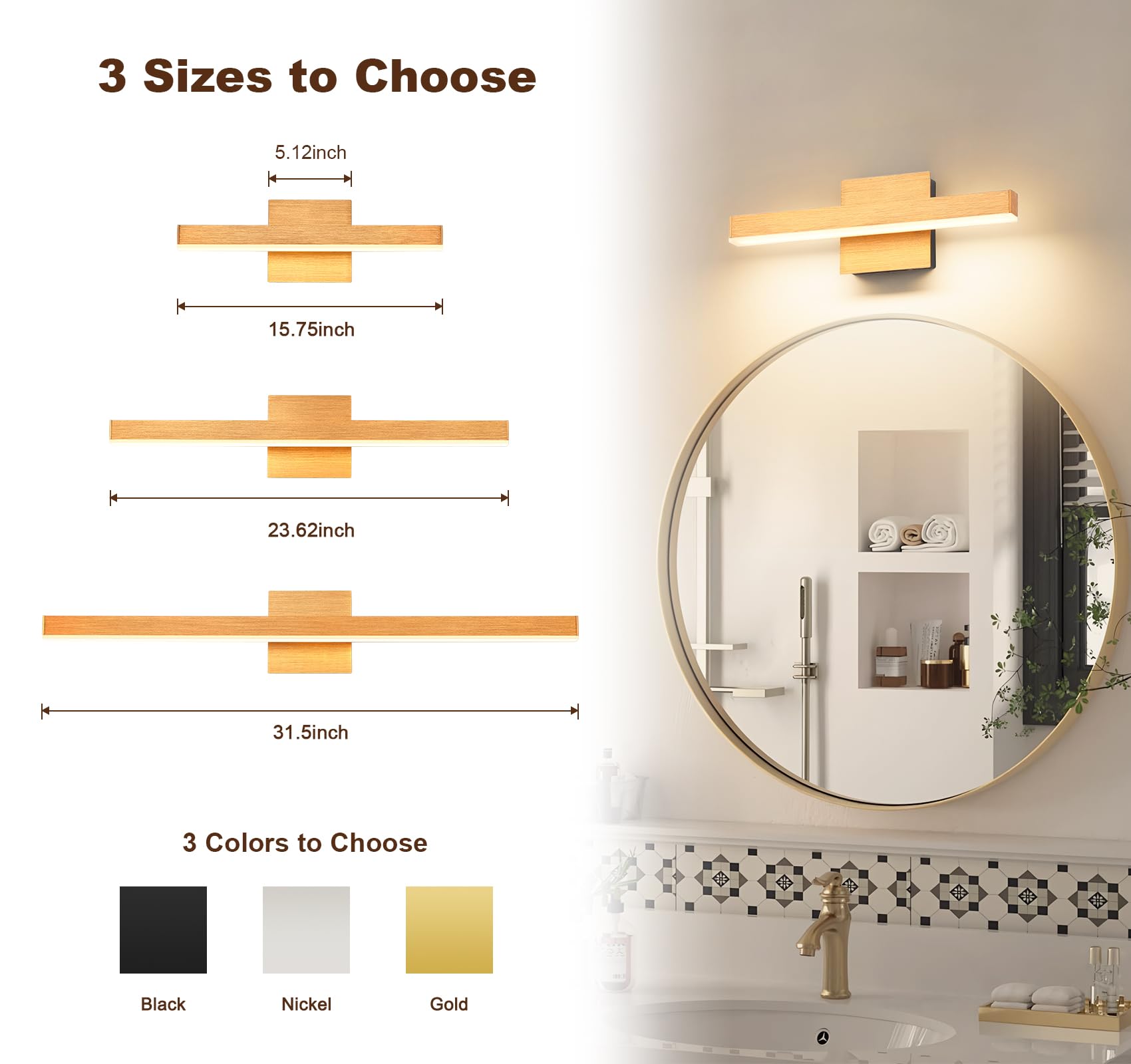 Joossnwell Vanity Light For Bathroom Light Fixtures Dimmable 5Cct Gold And Black Vanity Lights Bar Modern Bathroom Lighting Over