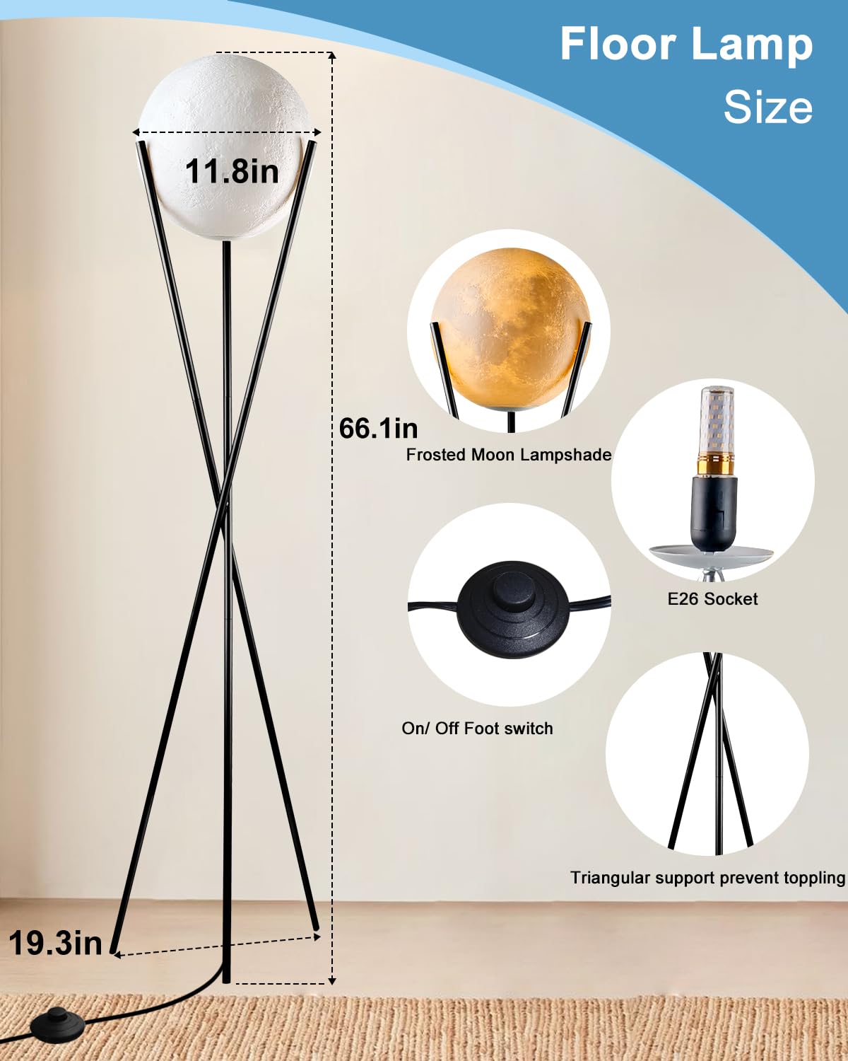 Lightdot 66" Black Tripod Globe Moon Floor Lamp, Modern Metal Design, 3D Frosted Shade, E26 Bulbs Included, Mid Century Style