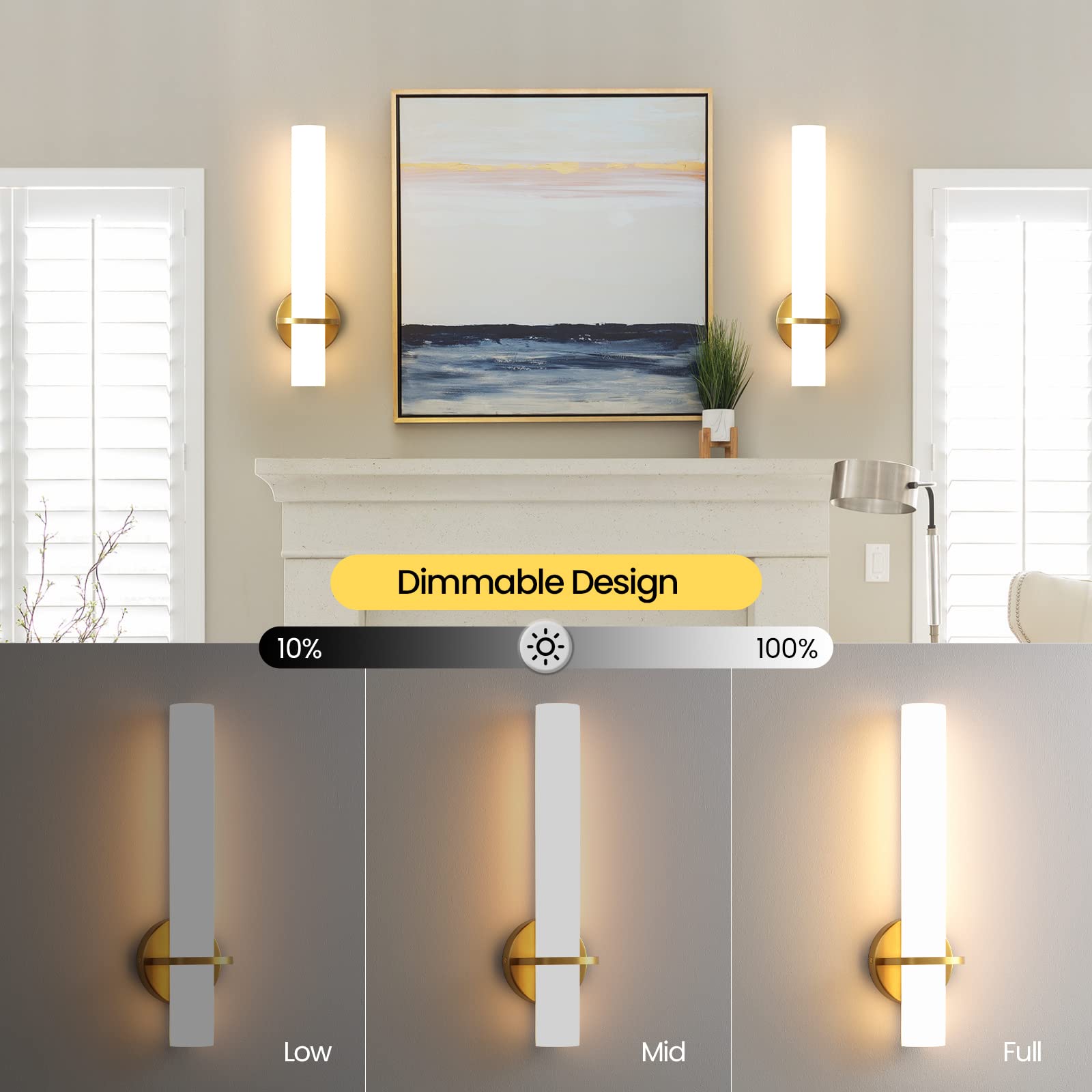 AIJIASI Gold Wall Sconces Set of Two - Dimmable 18W LED Lighting for Living Room, Bedroom, Bathroom - Acrylic Lampshade, Model 8001WL-15