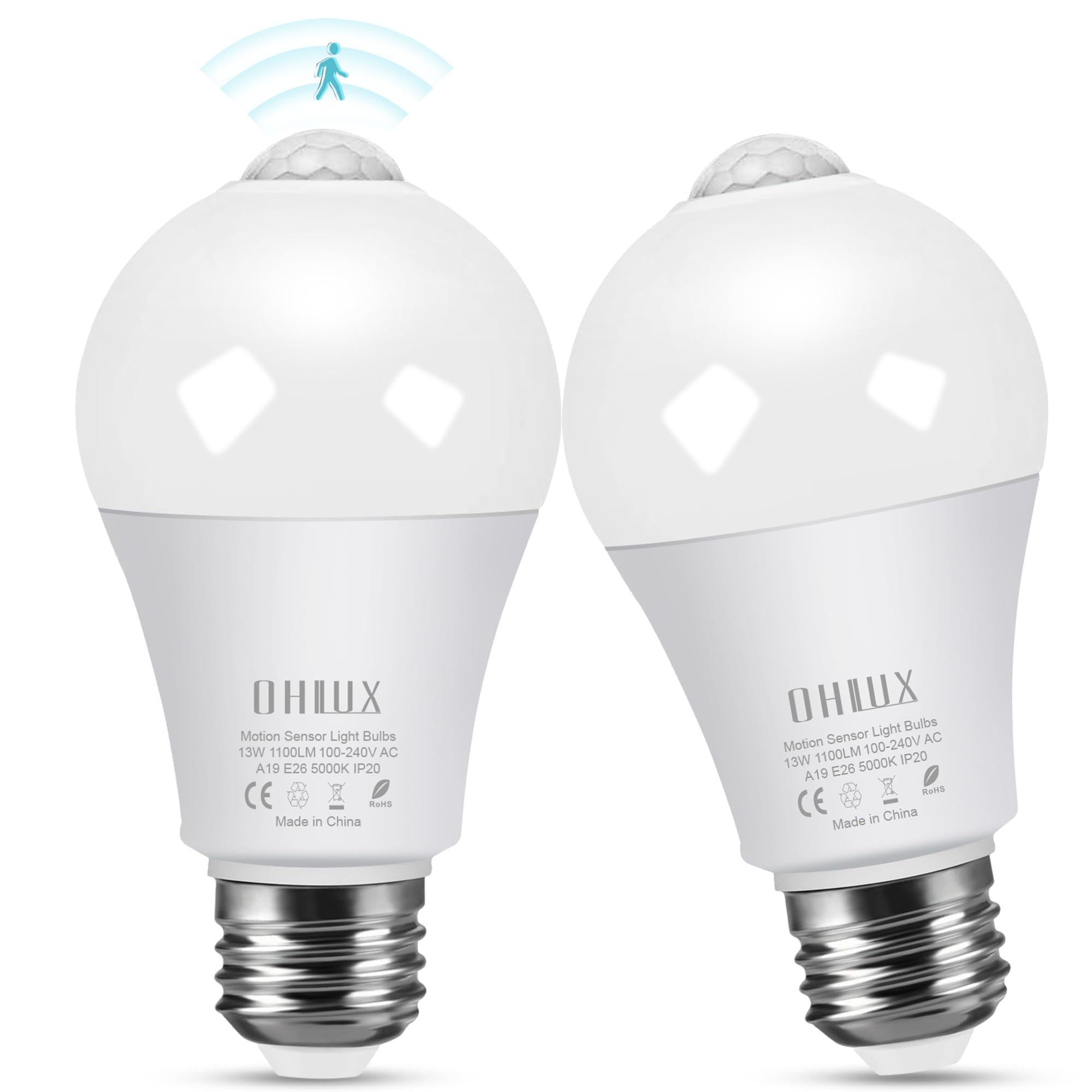 OHLUX Motion Sensor LED Bulbs, 13W (120W Equivalent), 5000K Bright White, A19 E26, 2 Pack, Outdoor Security Lighting