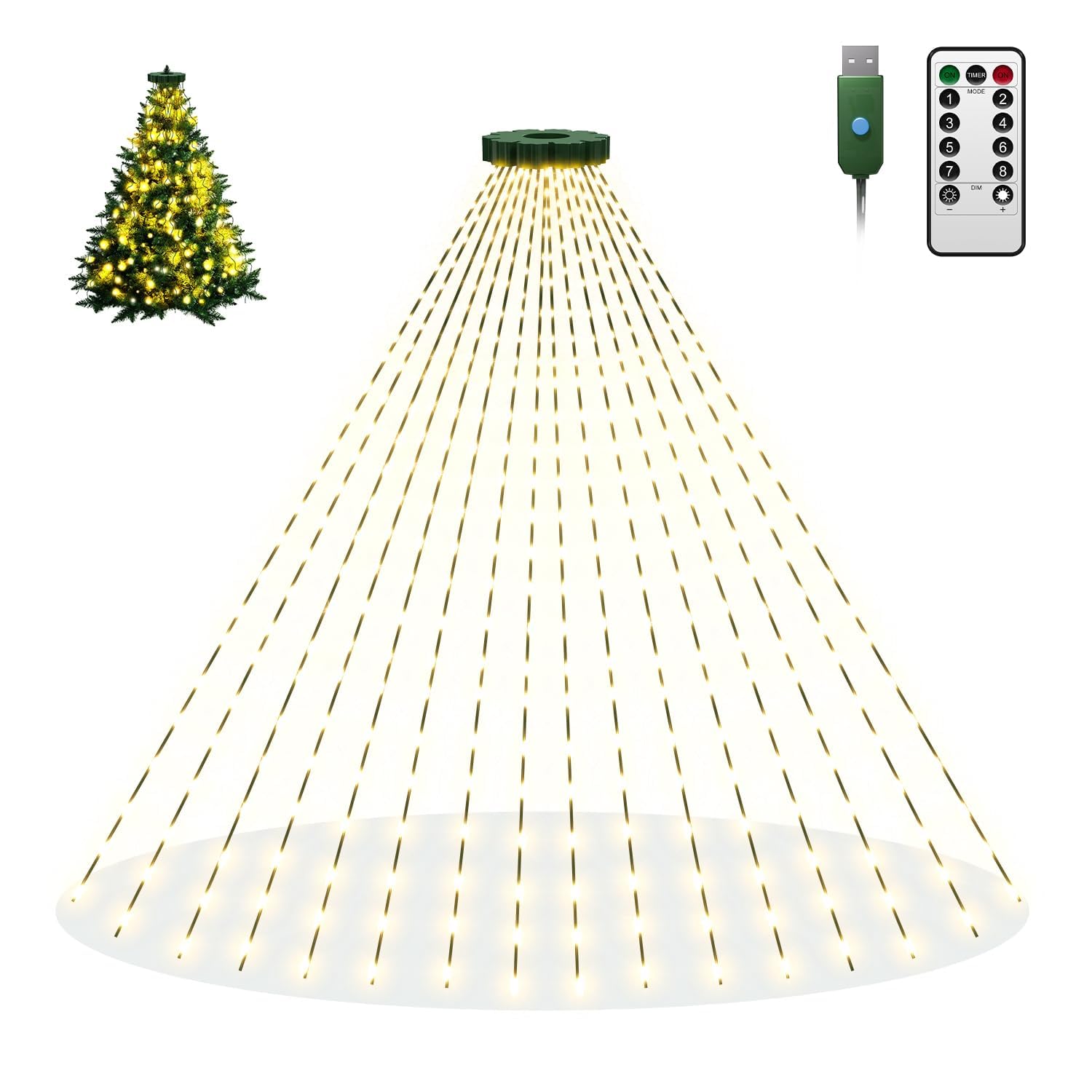 Btfarm Christmas Tree Lights With Remote  5Ft 300 Led Usb Plug In Fairy Xmas Lights For 4-6Ft Tree  Dimmable Timer Waterproof Cascading Twinkle String Light 8 Modes For Indoor Outdoor Decor Warm White