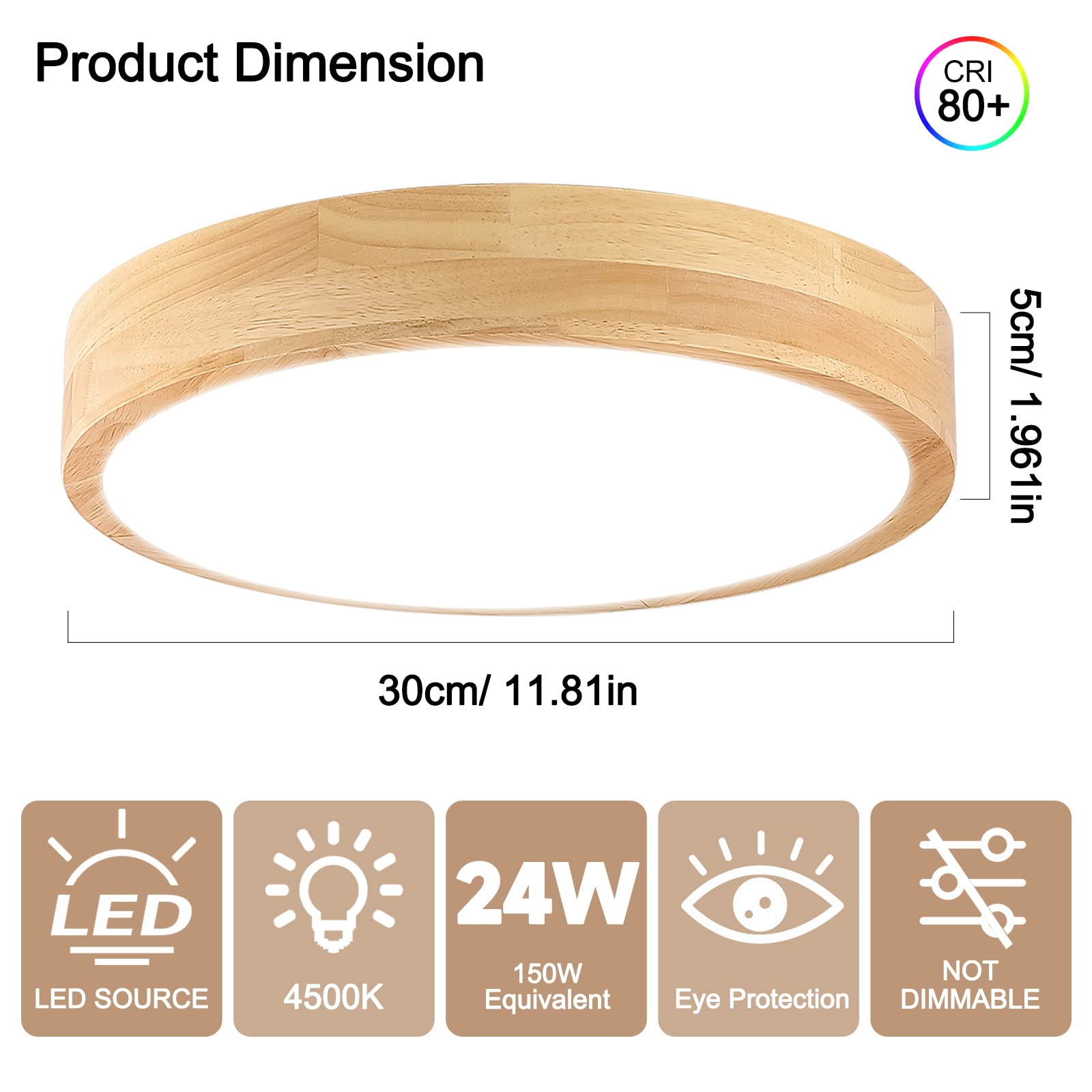 Ketom 12" LED Ceiling Light Flush Mount, 24W Wood Fixture, Natural White 4500K, Modern Minimalist Design for Bedroom, Kitchen, Hallway