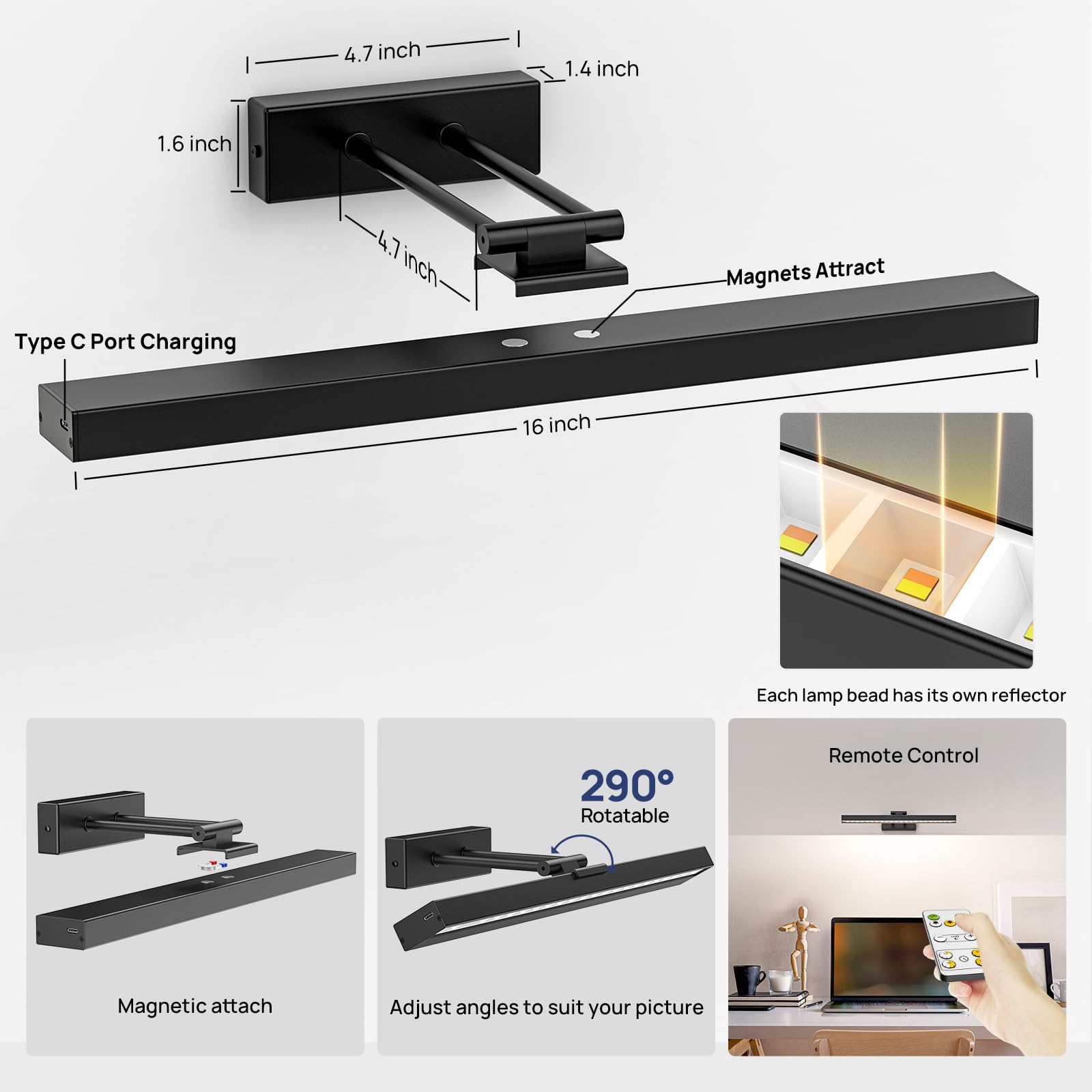 PESUTEN 16in Battery Operated Picture Light - Wireless Art Light with Remote Control, Dimmable, Black, Model PLB-1