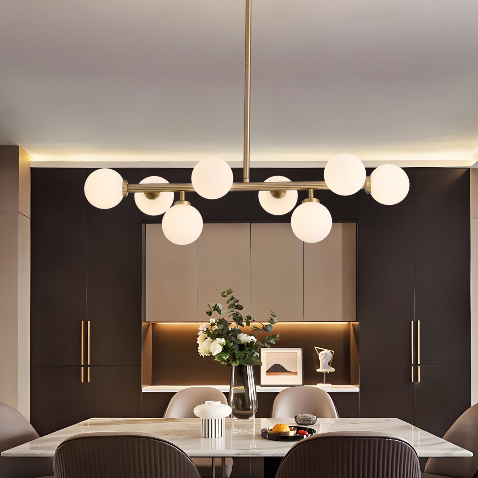 7PMBEANE Modern Linear Chandelier, Mid Century Gold Brass Sputnik Pendant Light with White Glass Lampshade,8 Lights Globe Rectan
