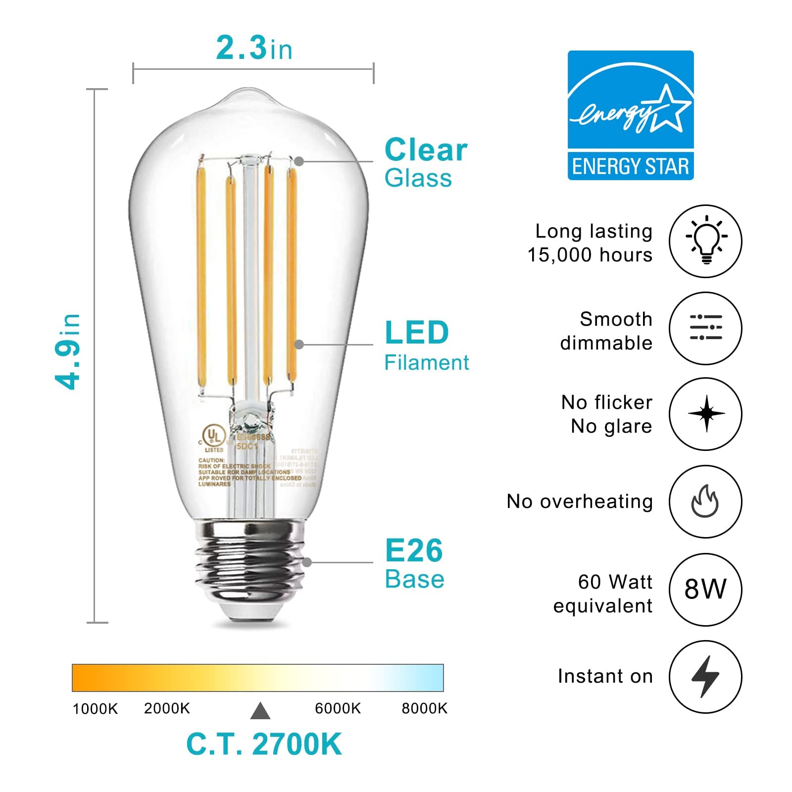 TJOY Vintage LED Light Bulbs, Dimmable 8W, 800LM, E26 Base, 2700K Warm White, ST58, 4 Pack, Clear Glass Filament
