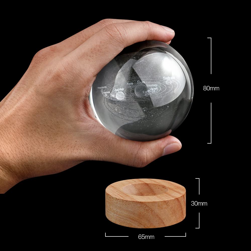 3D Solar System Crystal Ball Night Light With 16 Color Led Wooden Base, Upgraded 3.15 Inch Galaxy Planets Glass Ball Lamps With