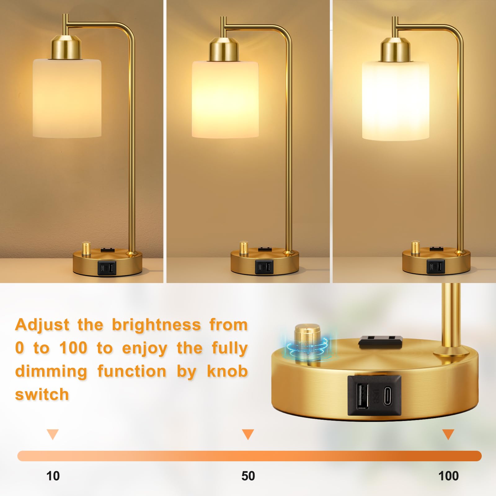Innqoo Gold Lamp For Bedroom - Industrial Bedside Table Lamp With Usb Port And Outlet, Fully Dimmable Nightstand Lamp With Opal