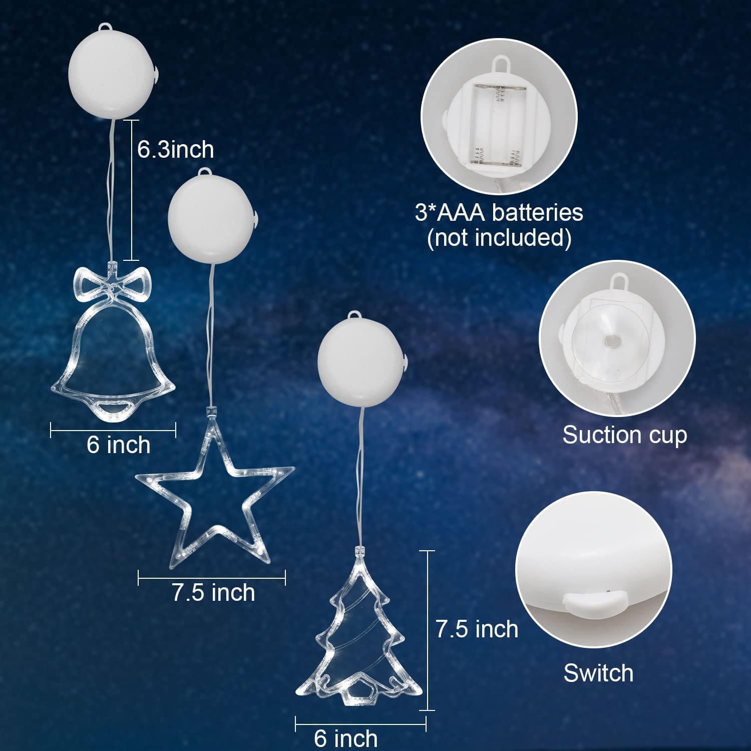 Muyun Christmas Window Decorations,3Pcs Christmas Window Lights Battery Powered Star&Jingle Bell&Xmas Tree Hanging Christmas Lights With Suction Cup Hook,Timer For New Year,Home,Party(Warm White