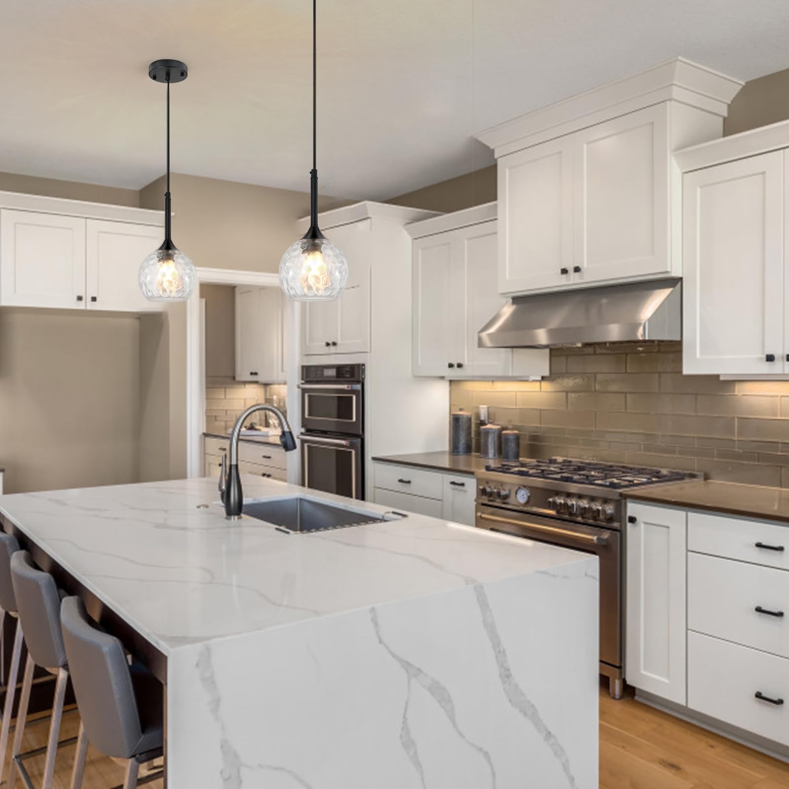 Jhlbyl Glass Pendant Light Fixtures, 6'' Kitchen Pendant Lights Black Pendant Light With Hammered Glass Pendant Lights Kitchen I