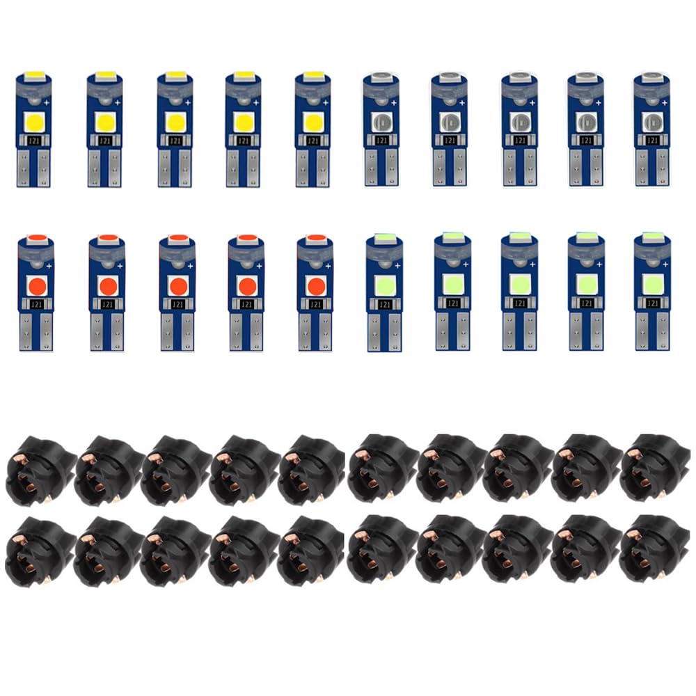BlyilyB 20-Pack Mix color T5 2721 37 74 Wedge Led Bulb PC74 Twist Sockets Replacement Dash Dashboard Lights Instrument Panel Cluster LEDS Lamps