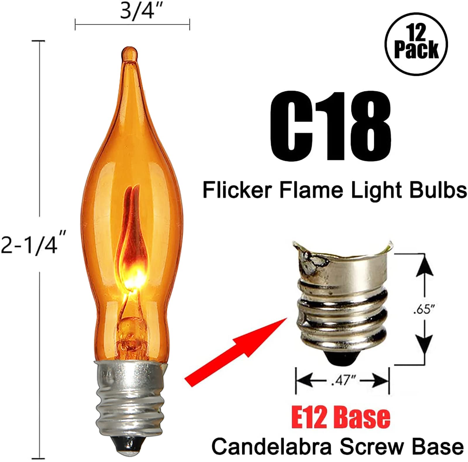 Orange Flicker Flame Replacement Light Bulbs, C18 Flame Candle Bulb E12 Flame Candelabra Light Bulbs For Halloween Christmas String Light Electric Window Candle Lamps, 12 Pack