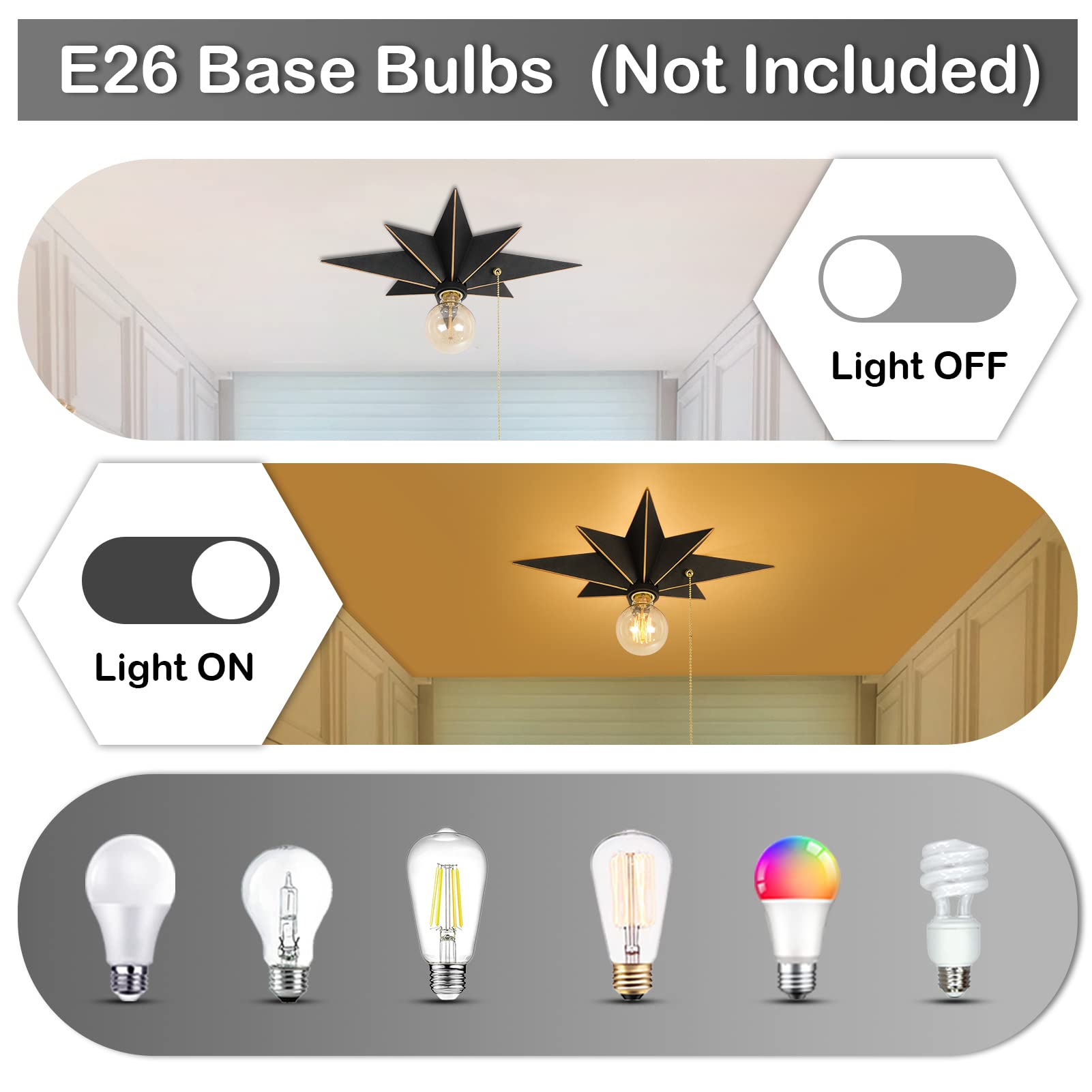 Airposta 16 Inch Flush Mount Ceiling Light, Industrial Black, Metal with Pull Chain Switch for Hallway, Entryway, Porch, Kitchen, Bathroom