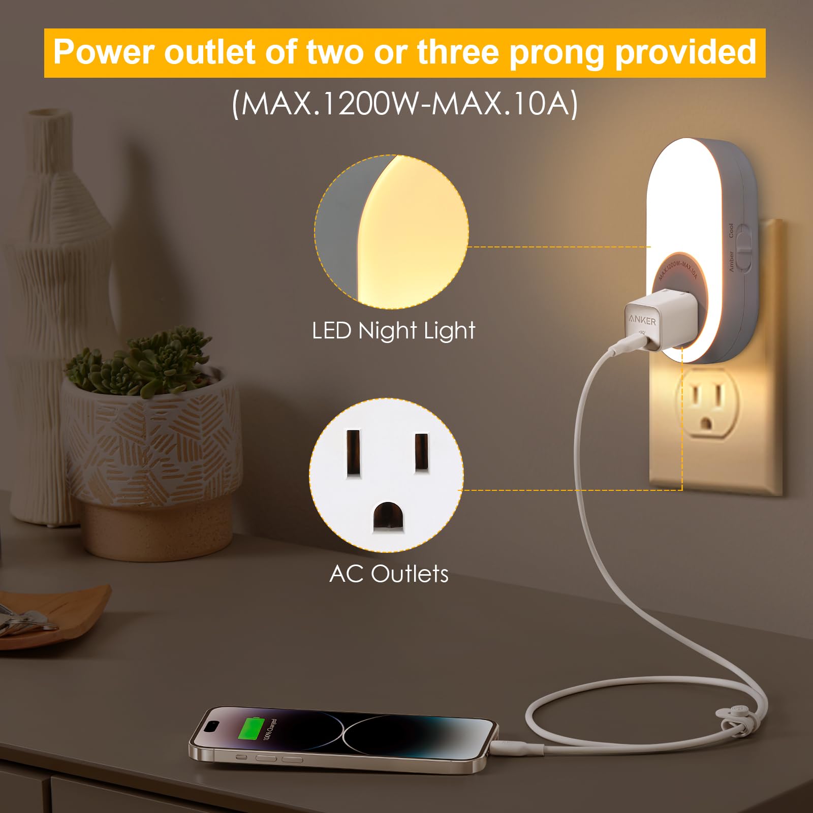 Dawnrise Night Lights Plug Into Wall,Dusk To Dawn Sensor Night Light With Power Outlet,Cct 2200K/4000K,5/20Lm Adjustable Brightn