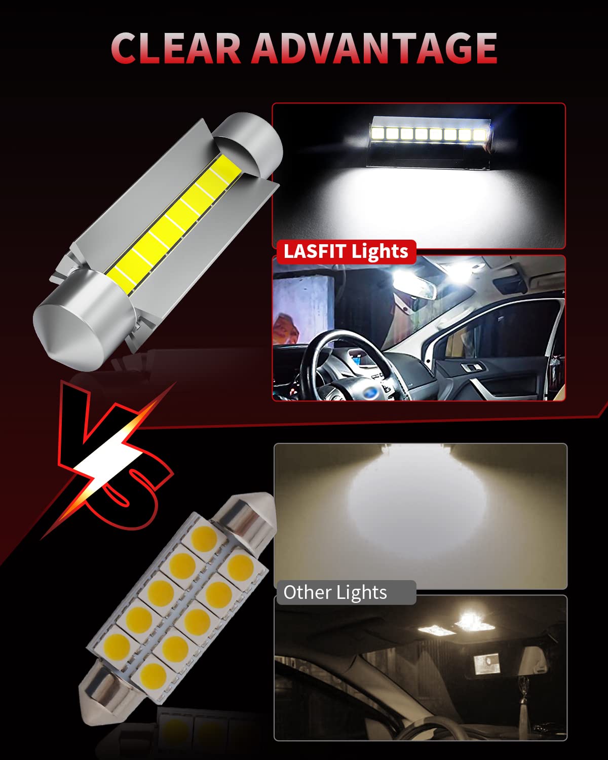 LASFIT 44mm LED Festoon Bulbs, Canbus Error Free, 400LM, 6000K, Xenon White, Pack of 2