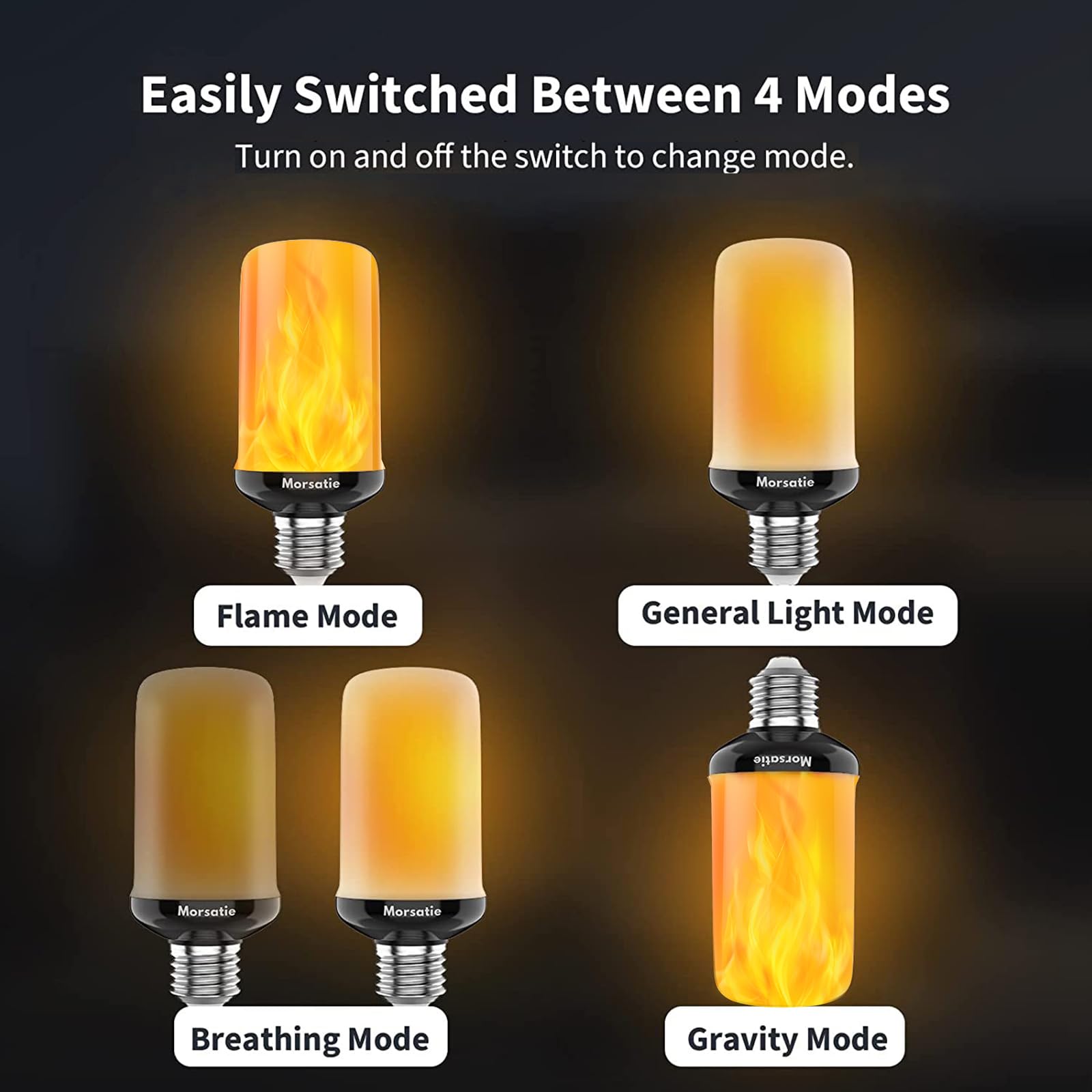 Morsatie Led Flame Light Bulbs, 4-Mode Flickering Fire Lights For Halloween & Parties, 4 Pack