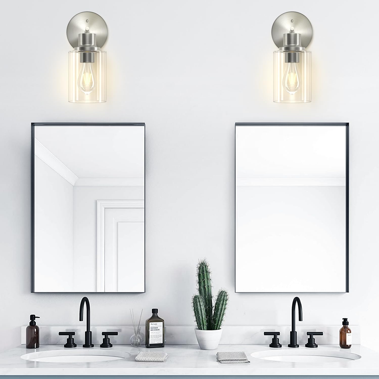 Gordnwe Set Of 2 Bathroom Wall Sconce, Brushed Nickel Vanity Light, Modern Wall Light Fixture With Clear Glass Shade And E26 Bul