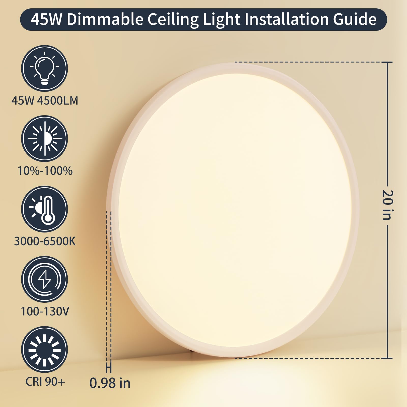 Kiwivic 20 Inch Flush Mount Ceiling Light With Remote, 45W Dimmable Led Fixture 4500Lm, 3000K-6500K Adjustable, Round Ceiling La
