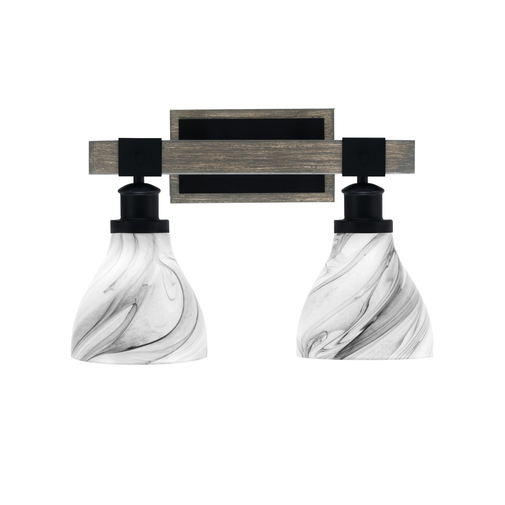 Toltec Lighting Tacoma 2 Light Bath Bar, Matte Black & Distressed Wood, 6.25in Onyx Swirl Glass