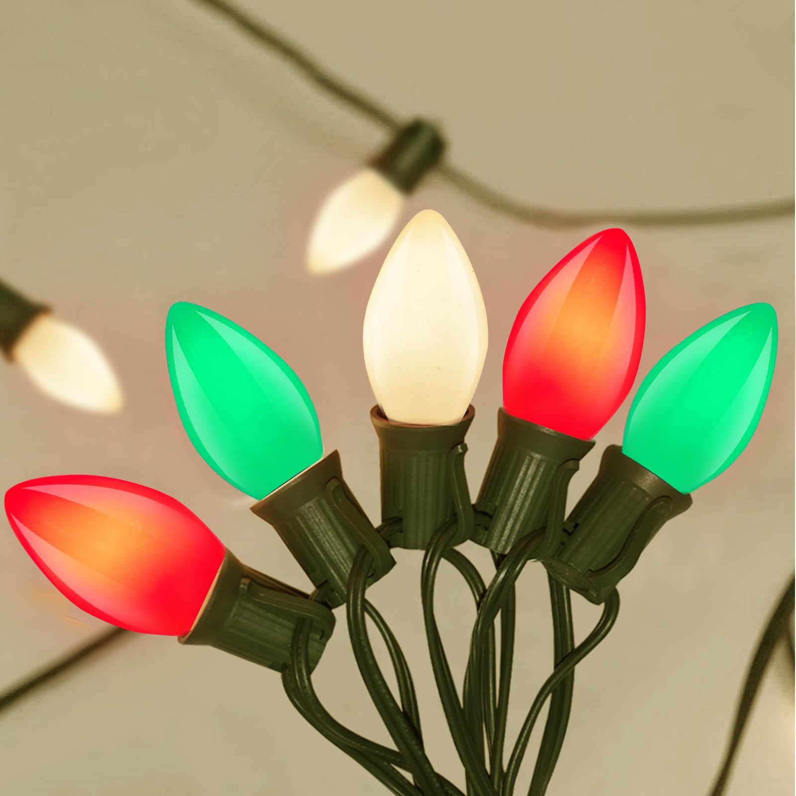 C7 Christmas String Lights, 25Ft Outdoor Christmas Decorations Lights with 27 LED Red White and Green Shatterproof Bulbs, Hangin