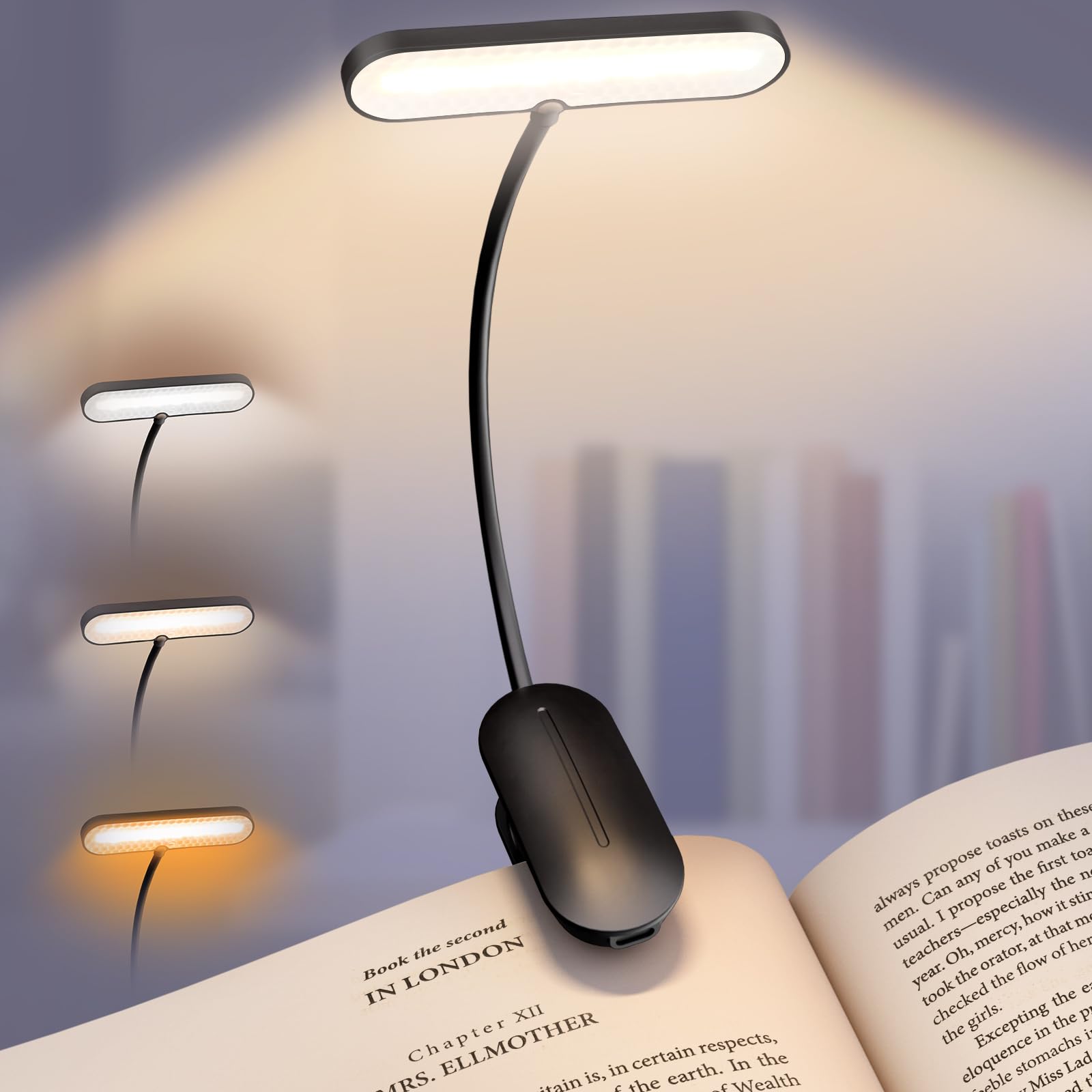 Book Light for Reading in Bed - 14 LEDs Rechargeable Clip-On Book Light, Eye Caring 3 Color Temperatures & Stepless Dimming, 80 