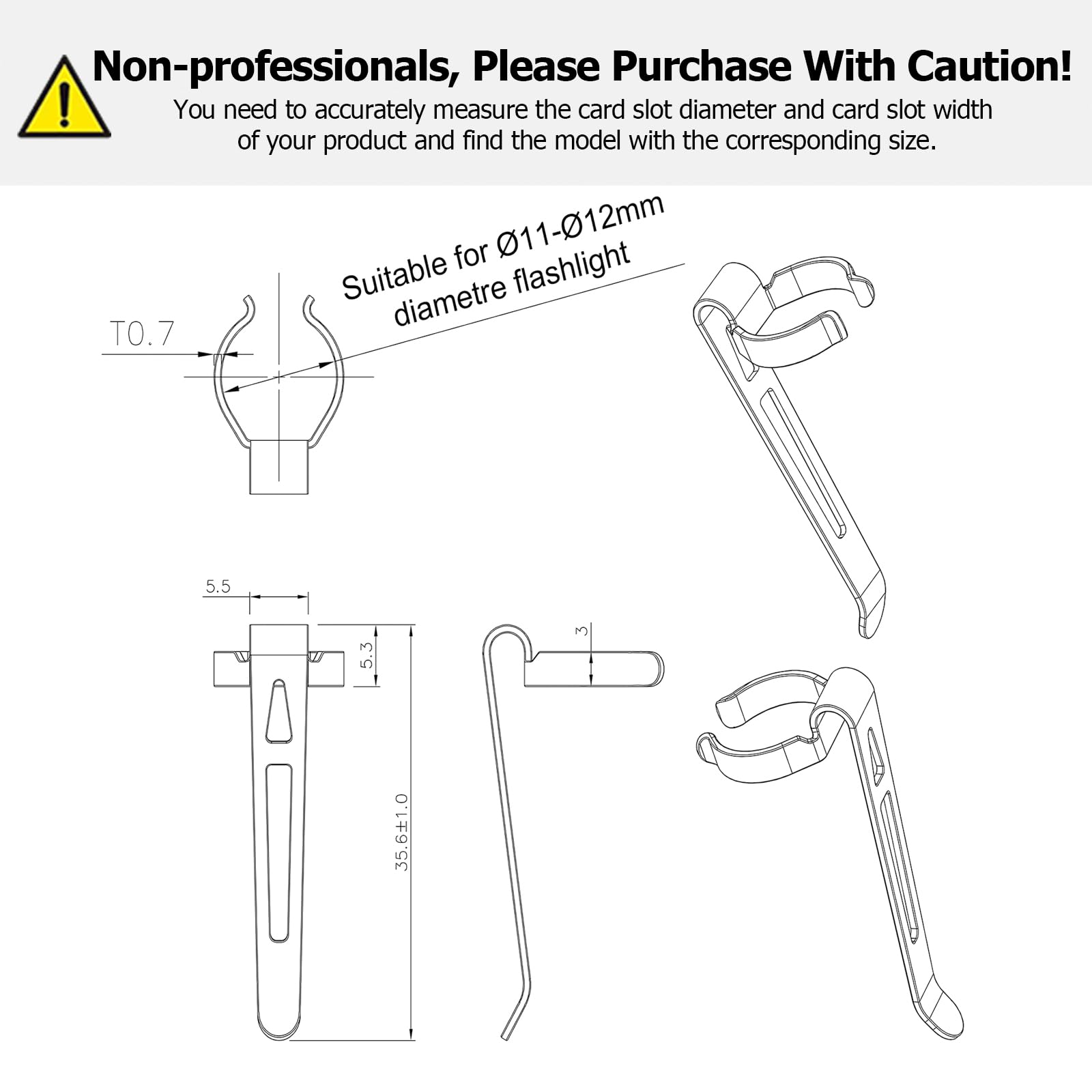 LIGHTFE Flashlight Clip B119 - Stainless Steel, 11-12mm Diameter, 35.6mm Size, Ideal for Hat, Pocket, or Bag Use