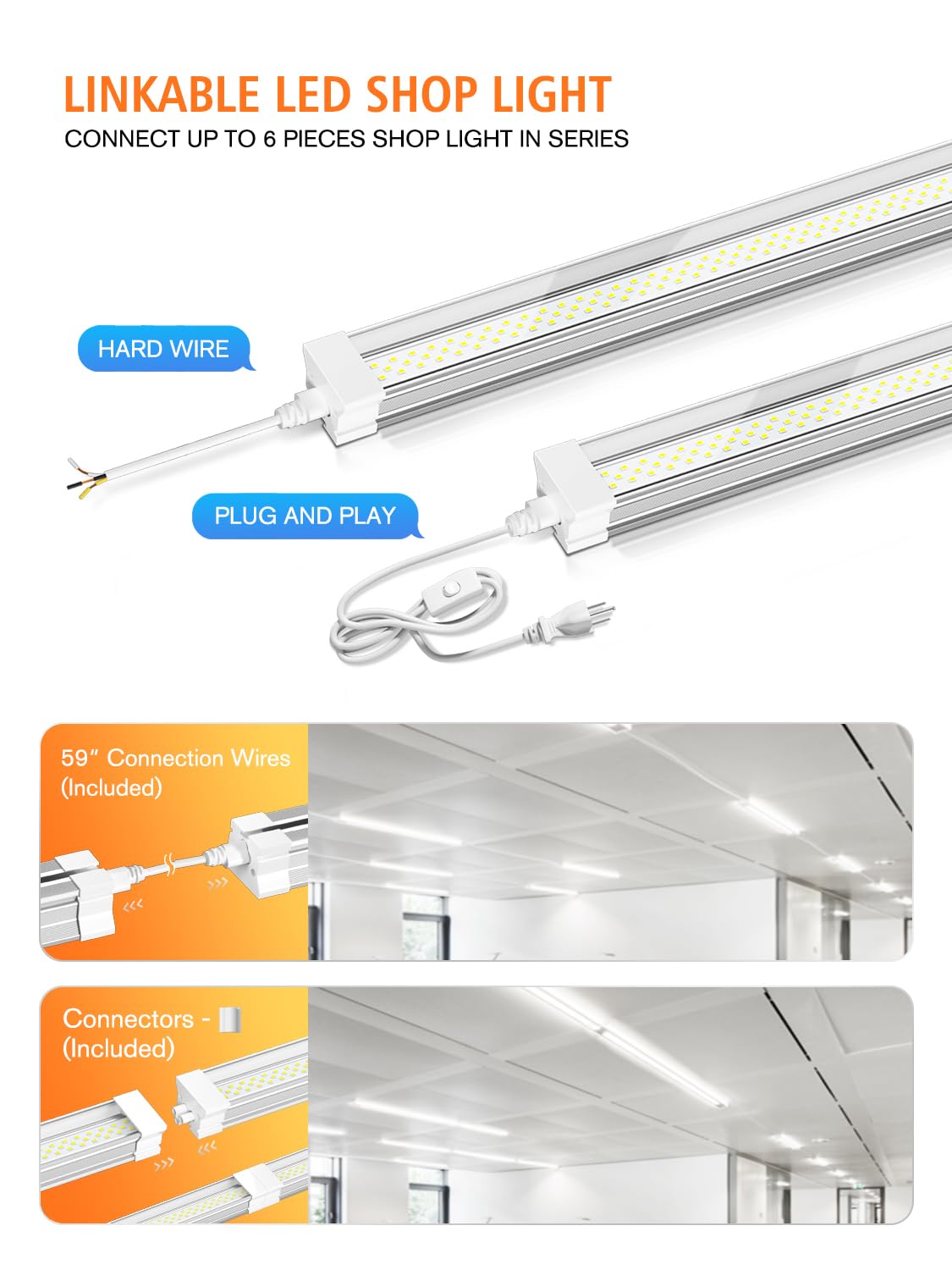 Onlylux 8 Pack 4Ft Linkable Led Shop Light For Garage, Workshops, 6500K Cool Daylight 50W (300W Equivalent), Plug And Play, Hang