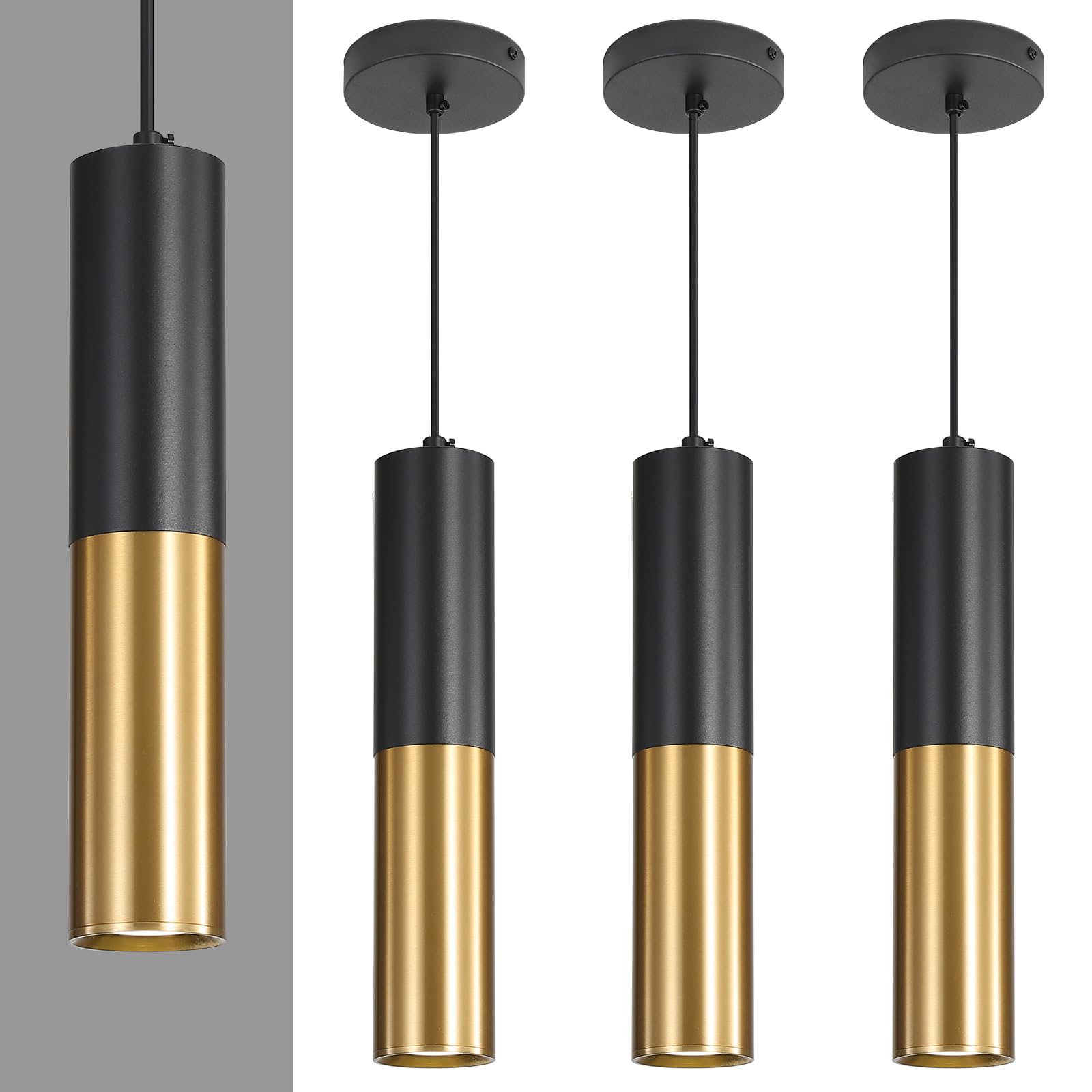 Daoseolo 3 Pack Modern Black and Gold LED Pendant Lights  Minimalist Linear Hanging Light  3 Color 2700K/4500K/6500K  Ceiling Mount Pendant Lamp for Kitchen Island  Dining Room  Bedroom  Bar  Cafe