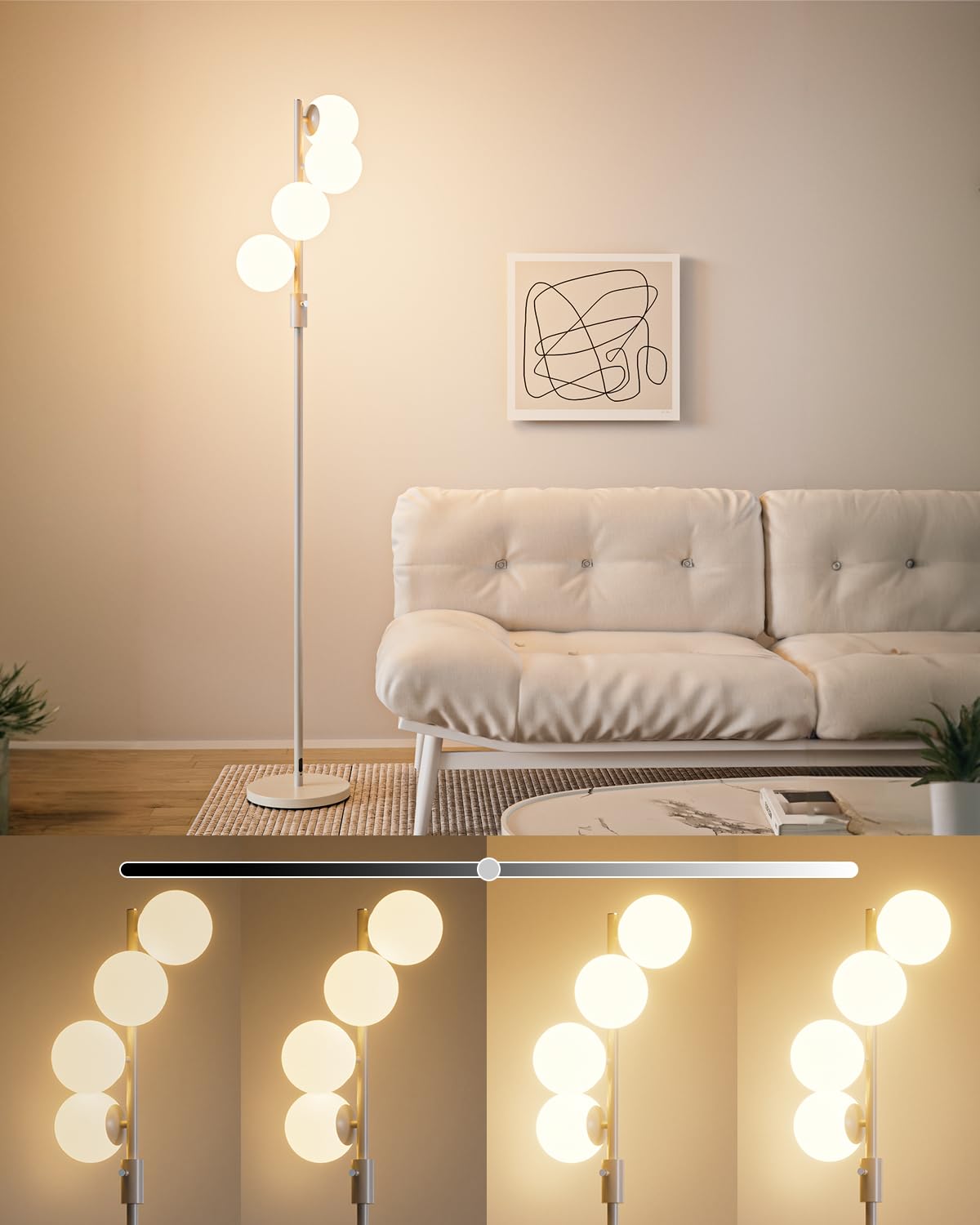 Lightdot 64In Dimmable Globe Floor Lamp With 4 G9 Bulbs, Mid Century Modern, White