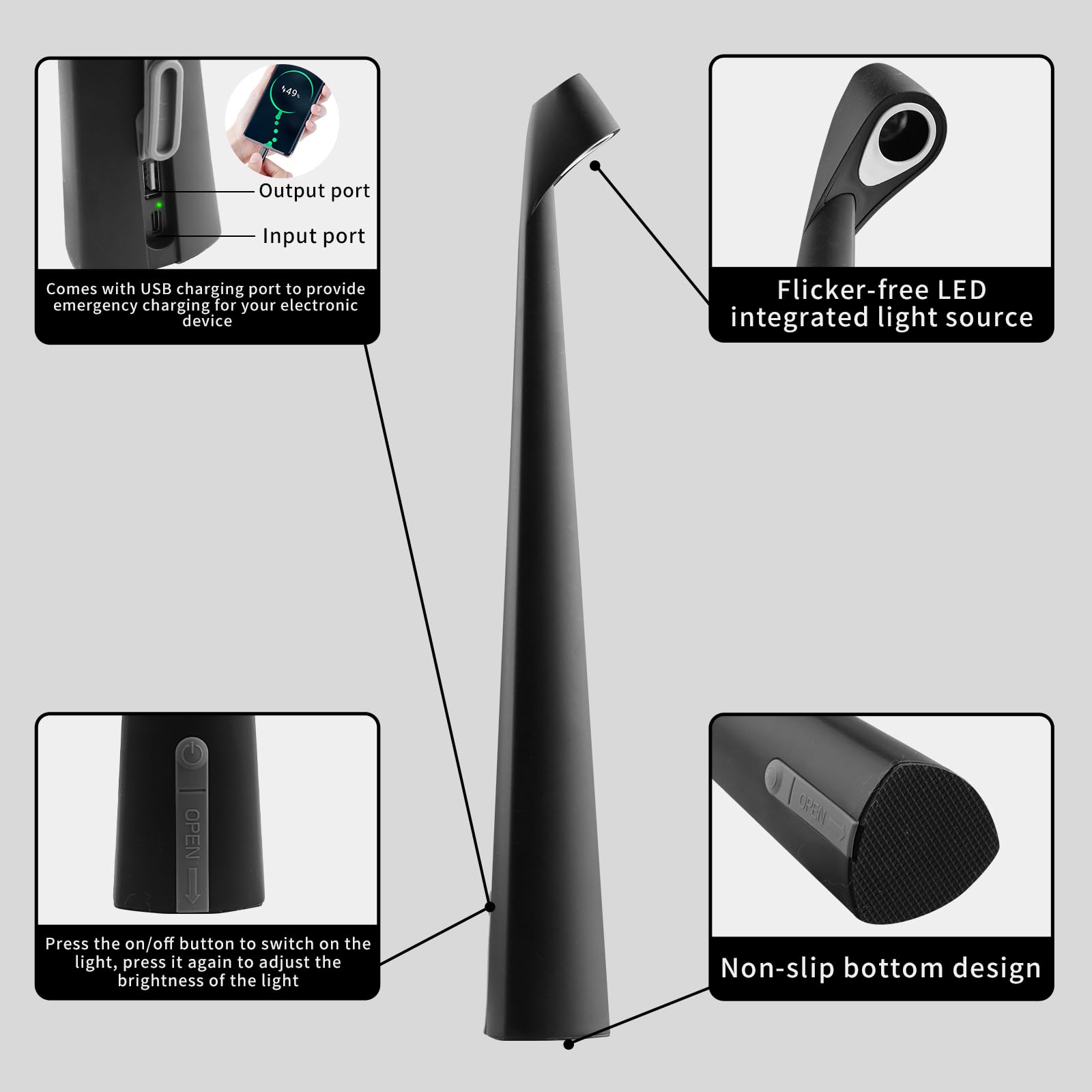 HAPYGI Portable Cordless LED Desk Lamp, Rechargeable, 3-Level Brightness, Aluminum, Orange, Model YD lamp-white/black