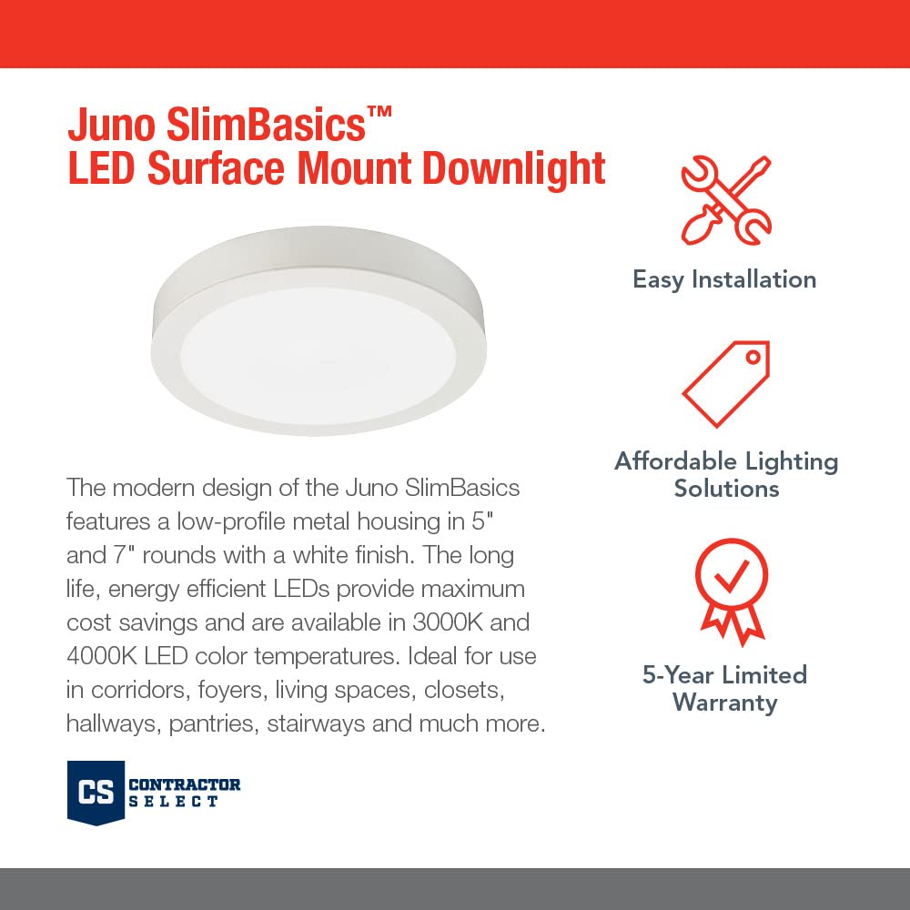 Juno Jsbc 7In 30K 90Cri Wh M6 Slimbasics Led Surface Mount Downlight, 7-Inch, 3000K | White