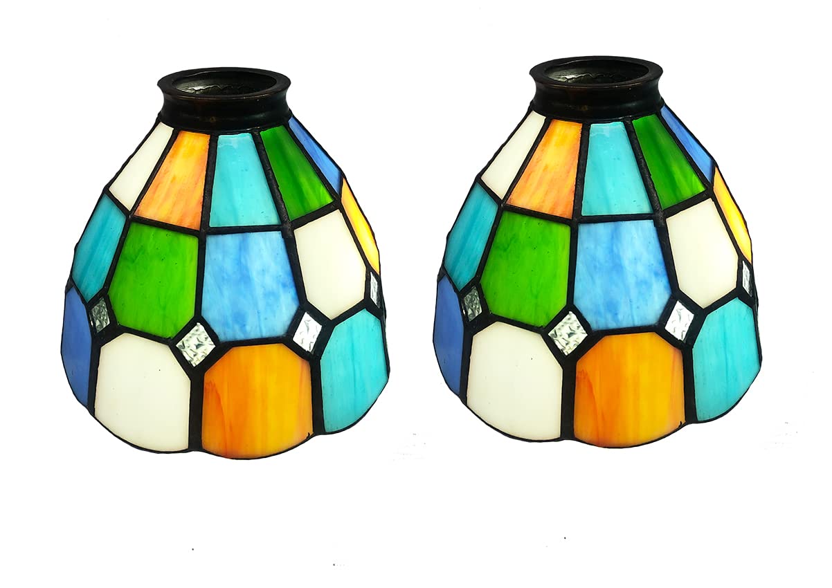 HUIMEIJU Stained Glass Lampshade, HMJ6012 Tiffany Glass Lampshade,2PCS set, Fan Lampshade Replacement, Multicolored Glass Combin