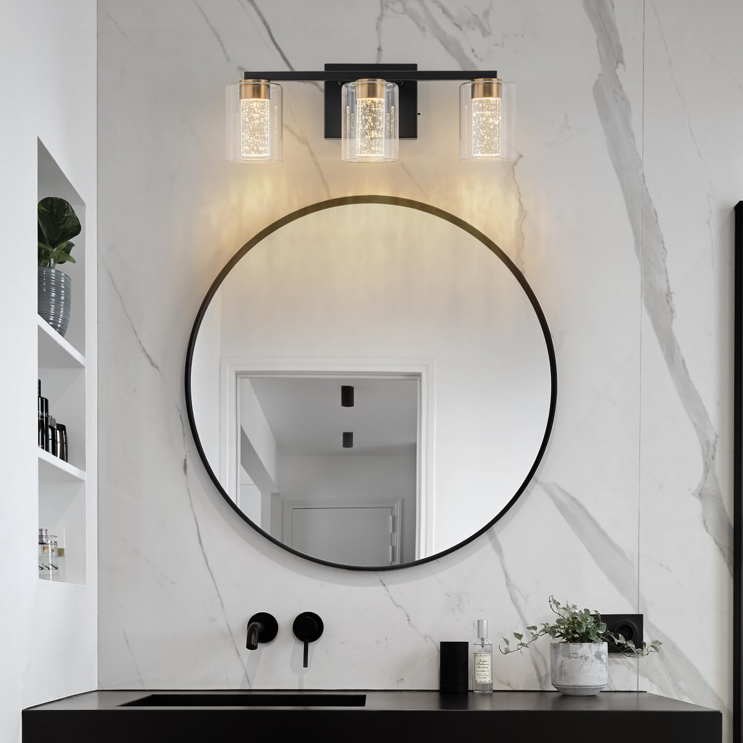 Sinerise 3-Light Black And Gold Vanity Light With 3 Color Modes (3000K/4000K/6000K), Eye Protection Led Bathroom Light Fixture,