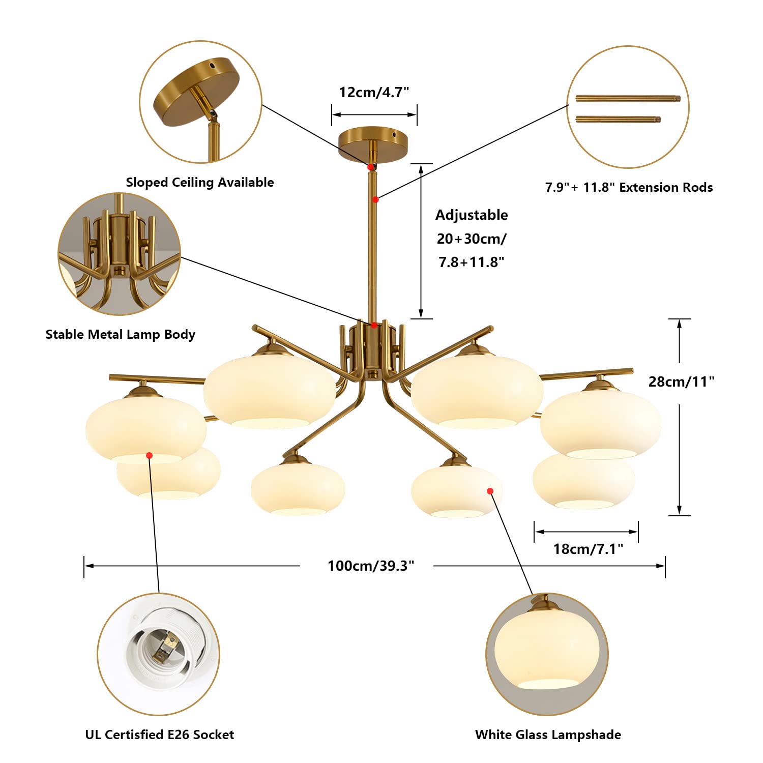 KCO 8-Light White Glass Globe Sputnik Chandelier, Mid Century Modern Gold Semi Flush Mount, Model L1127-8-Head